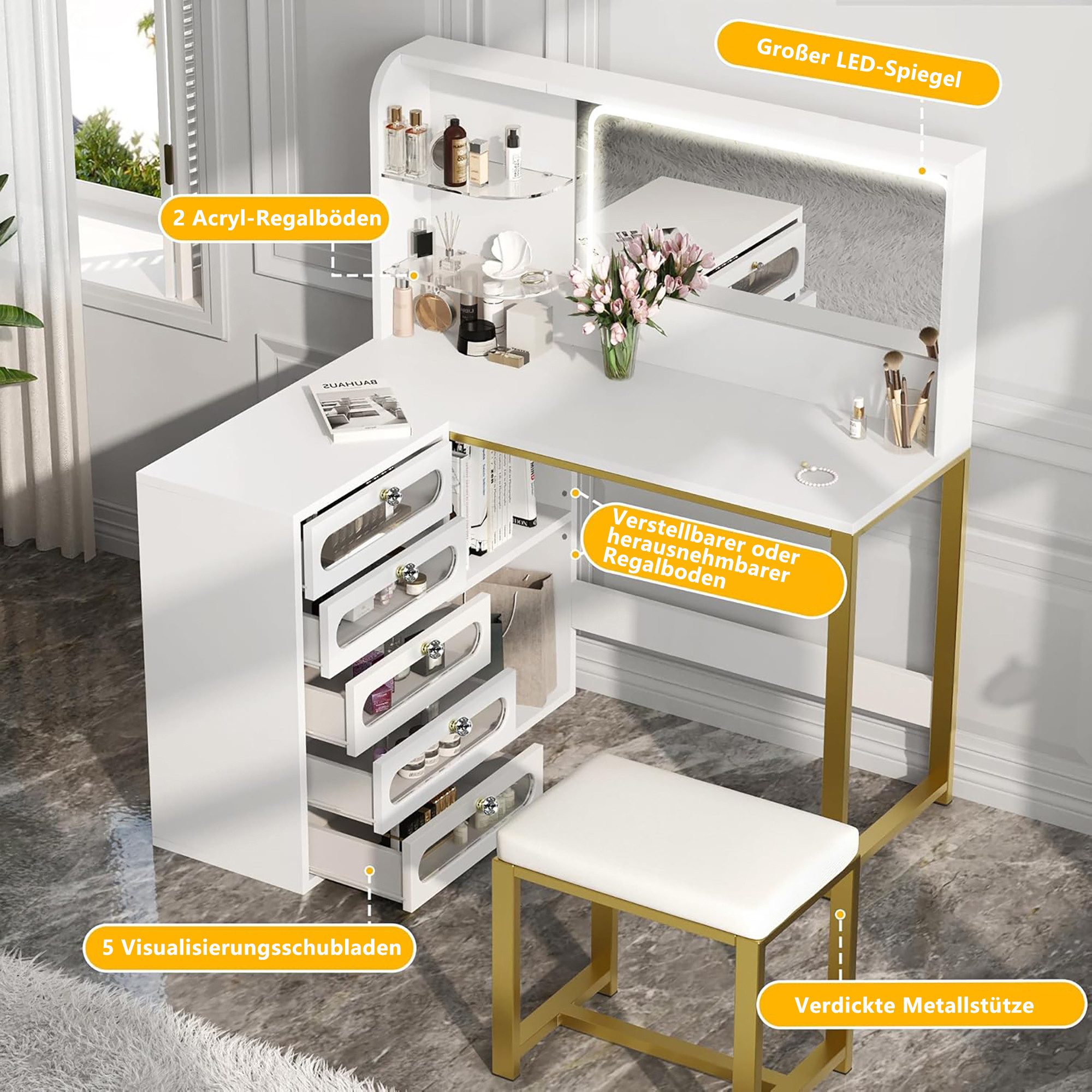 Furnishings Home Schminktisch Frisiertisch Set Stauraum mit LED-Beleuchtung Spiegel modern (1200x800x1350 mm), Mit 5 Schubladen, Drei einstellbare LED-Leuchten