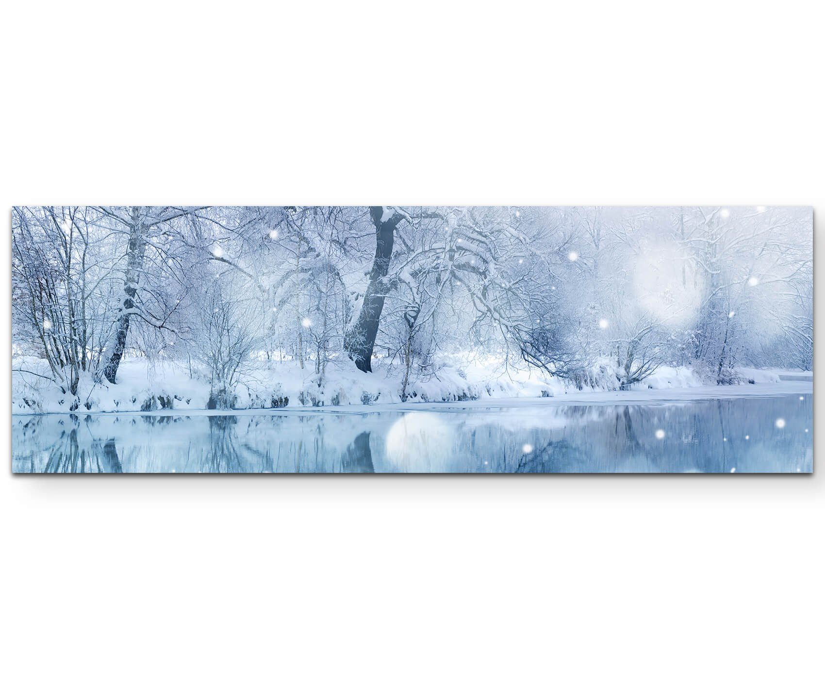 Sinus Art Leinwandbild Fotografie  Winterlandschaft mit Fluss und Schneefall - Leinwandbild