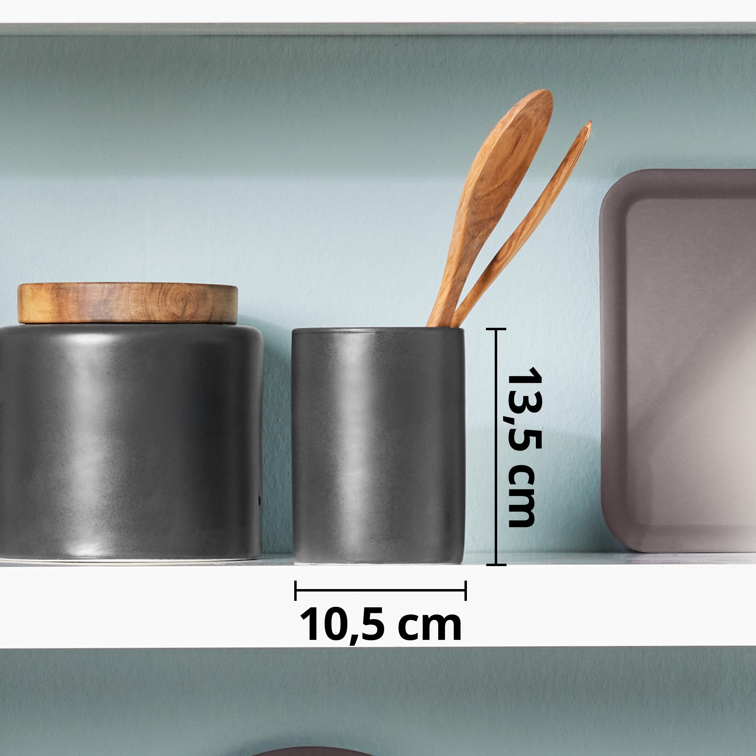 KHG Vorratsdose Utensilienhalter aus Steinzeug in Grau – für 8 Kochutensilien, Steingut, Küchen‑Utensilienhalter aus robustem Steinzeug perfekt für Kochbesteck