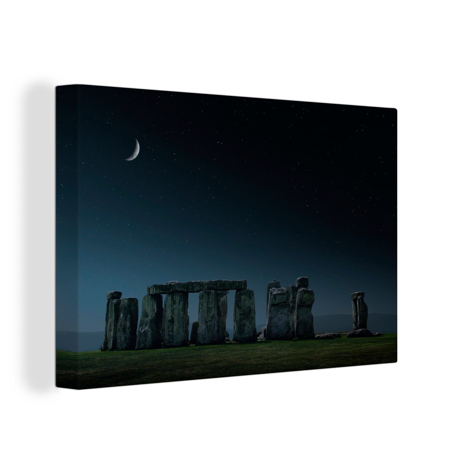 OneMillionCanvasses® Leinwandbild Stonehenge bei Nacht und Mond, (1 St), Wandbild Leinwandbilder, Aufhängefertig, Wanddeko, 30x20 cm