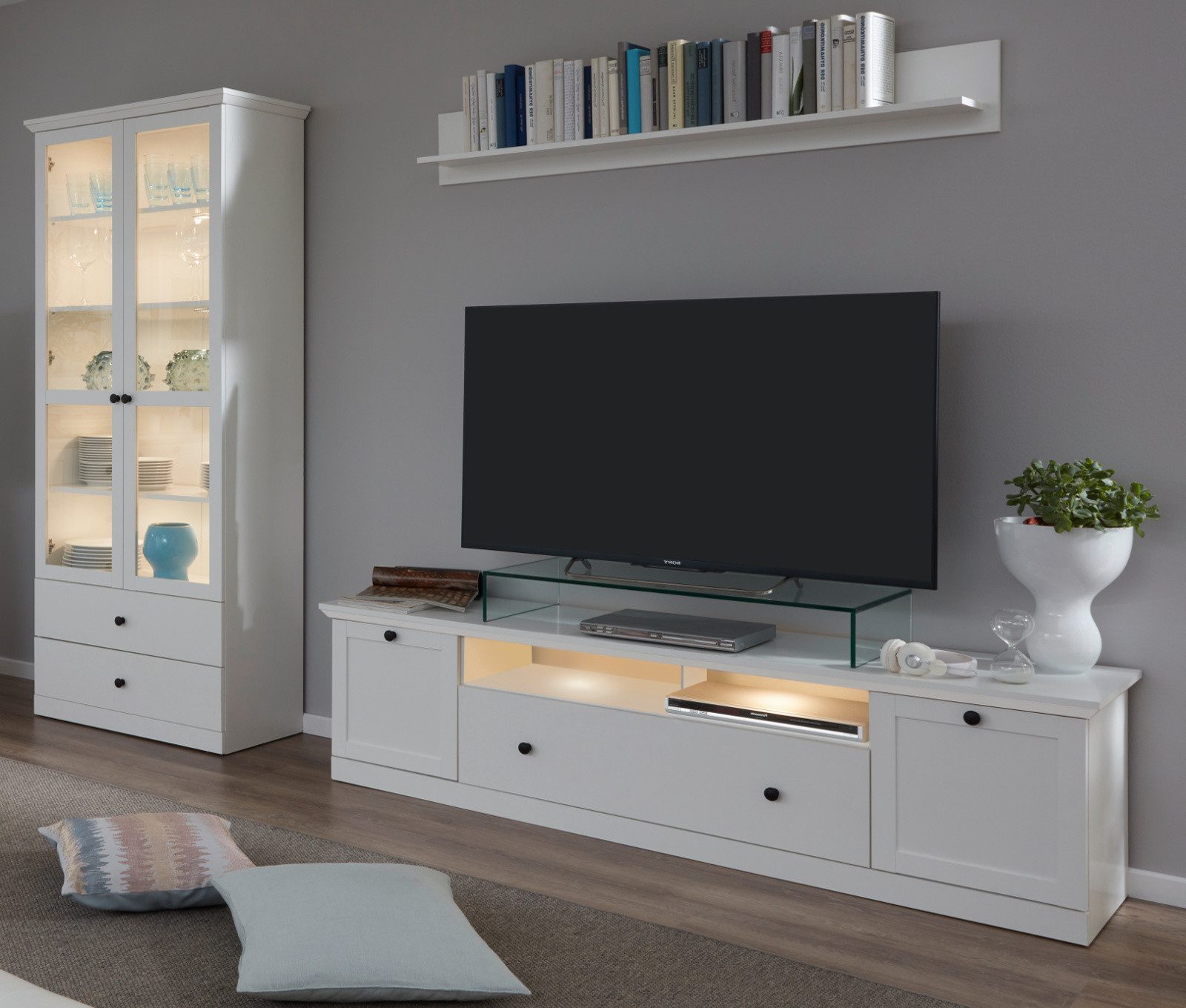 trendteam Wohnzimmer-Set Baxter, (Wohnwand in weiß Landhaus, 3-teilig, 270 x 196 cm), mit großem TV Lowboard