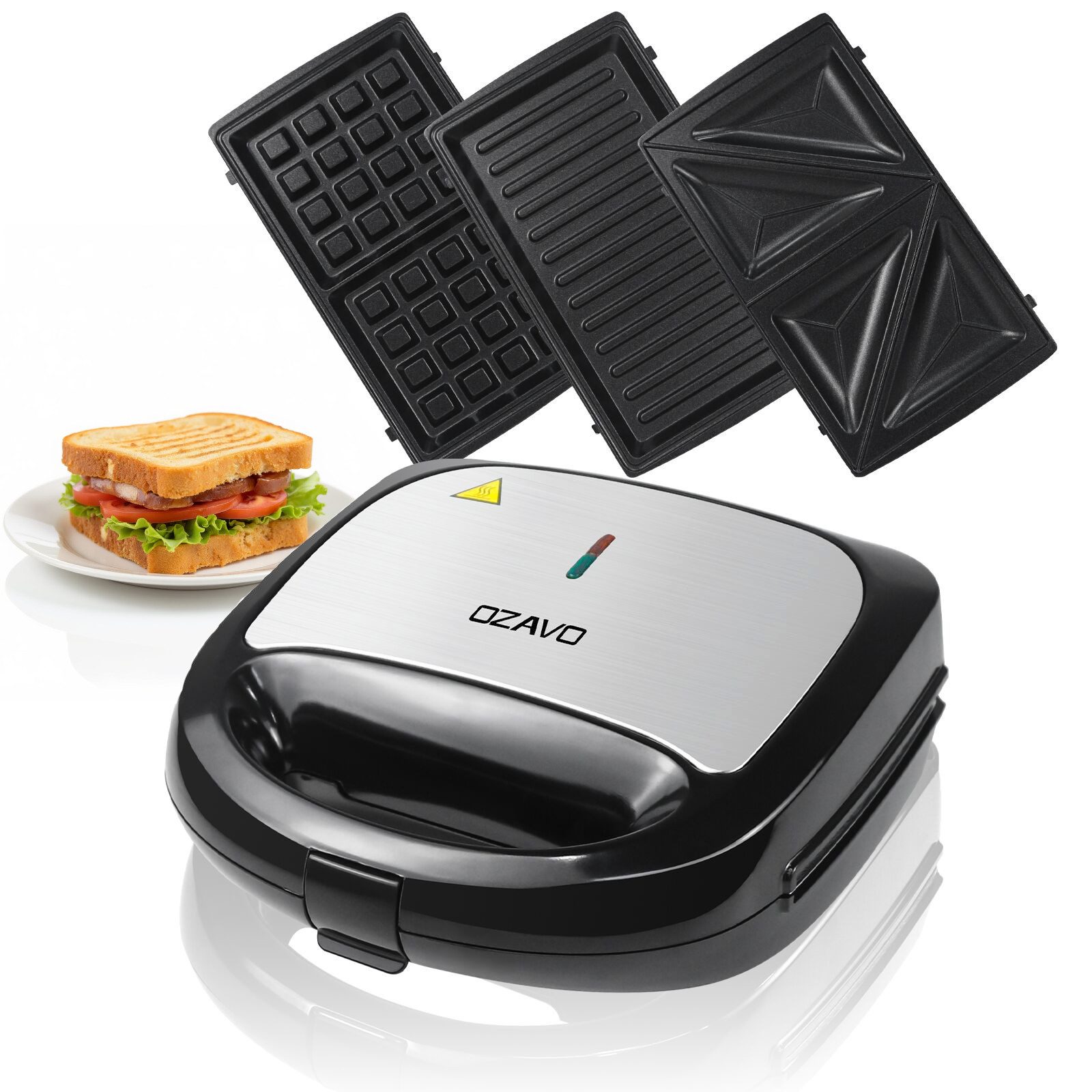OZAVO 3-in-1-Sandwichmaker Waffeleisen & Kontaktgrill mit abnehmbare Antihaftbeschichtete Platten, 750 W, gleichmäßiges Aufheizen, kompakte Aufbewahrung