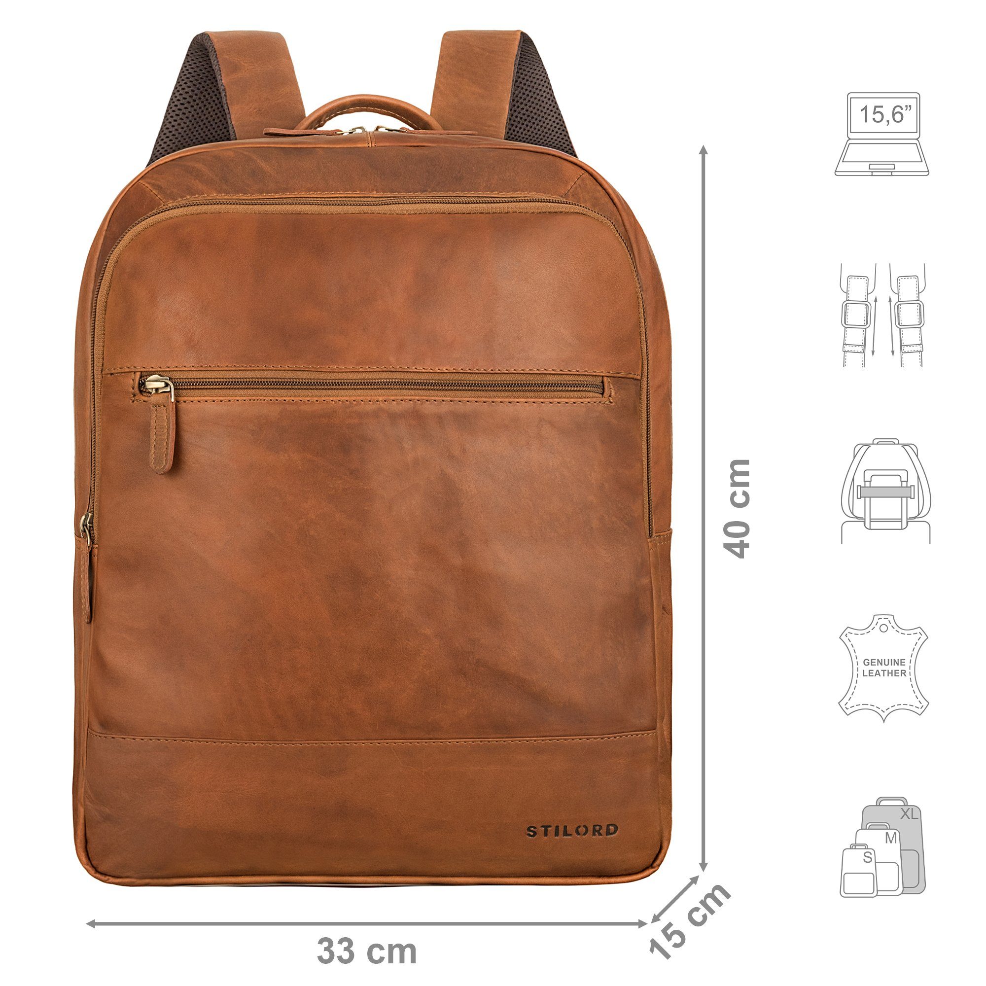 mit braun Rucksack - Großer Zoll Leder Notebook-Rucksack Laptopfach "Norbert" 15,6 STILORD cognac