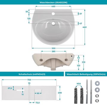 Calmwaters Waschbecken (Hänge-Waschtisch, Komplettset, 3-St), 55 cm, Manhattan-Grau, Set Schallschutz und Befestigung, 99000210