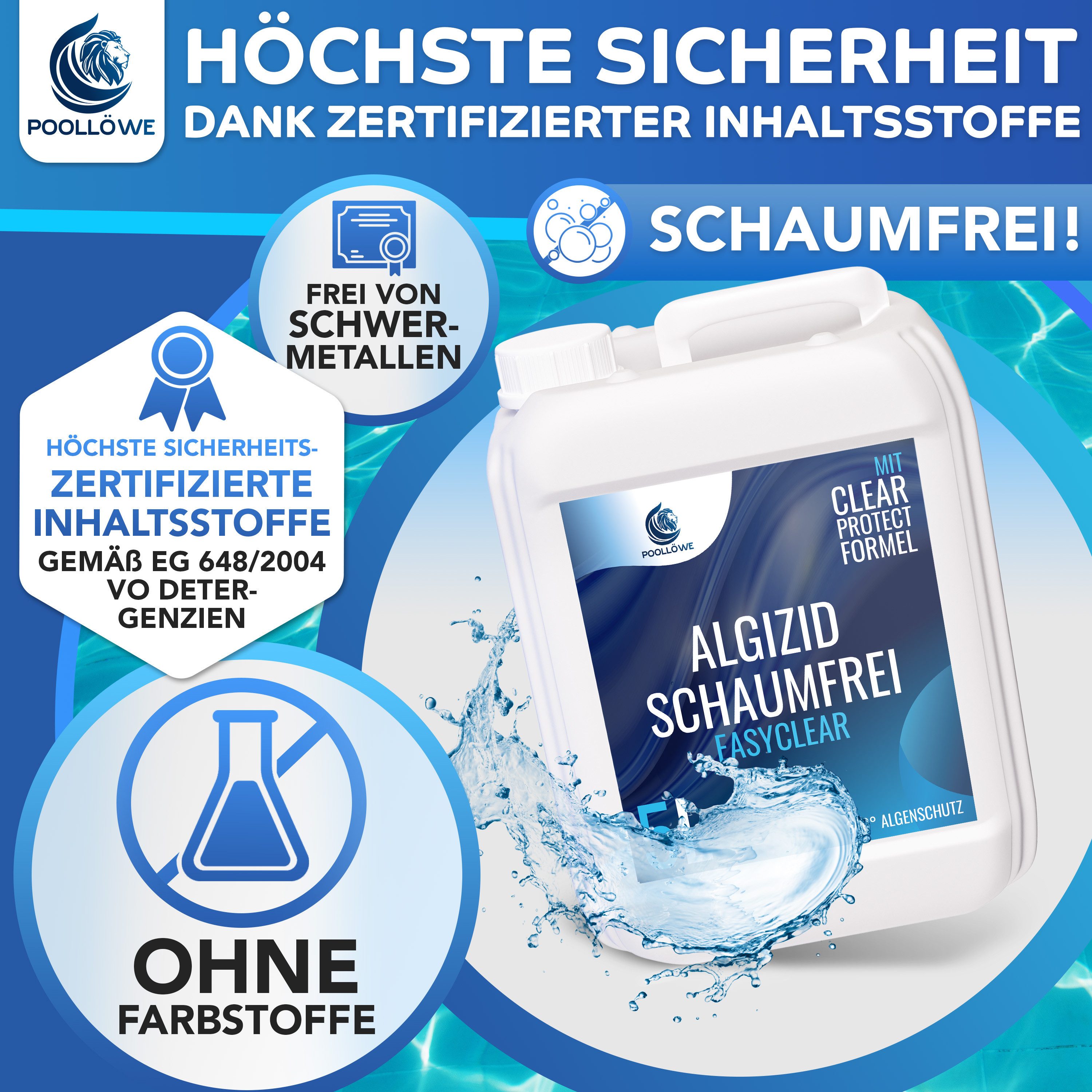 Poollöwe Poolpflege Algizid flüssig für Pool mit ClearProtect-Formel, 5–10L, ClearProtect-Formel, schaumfrei, chlorfrei, zertifiziert – Bild 4 von 5