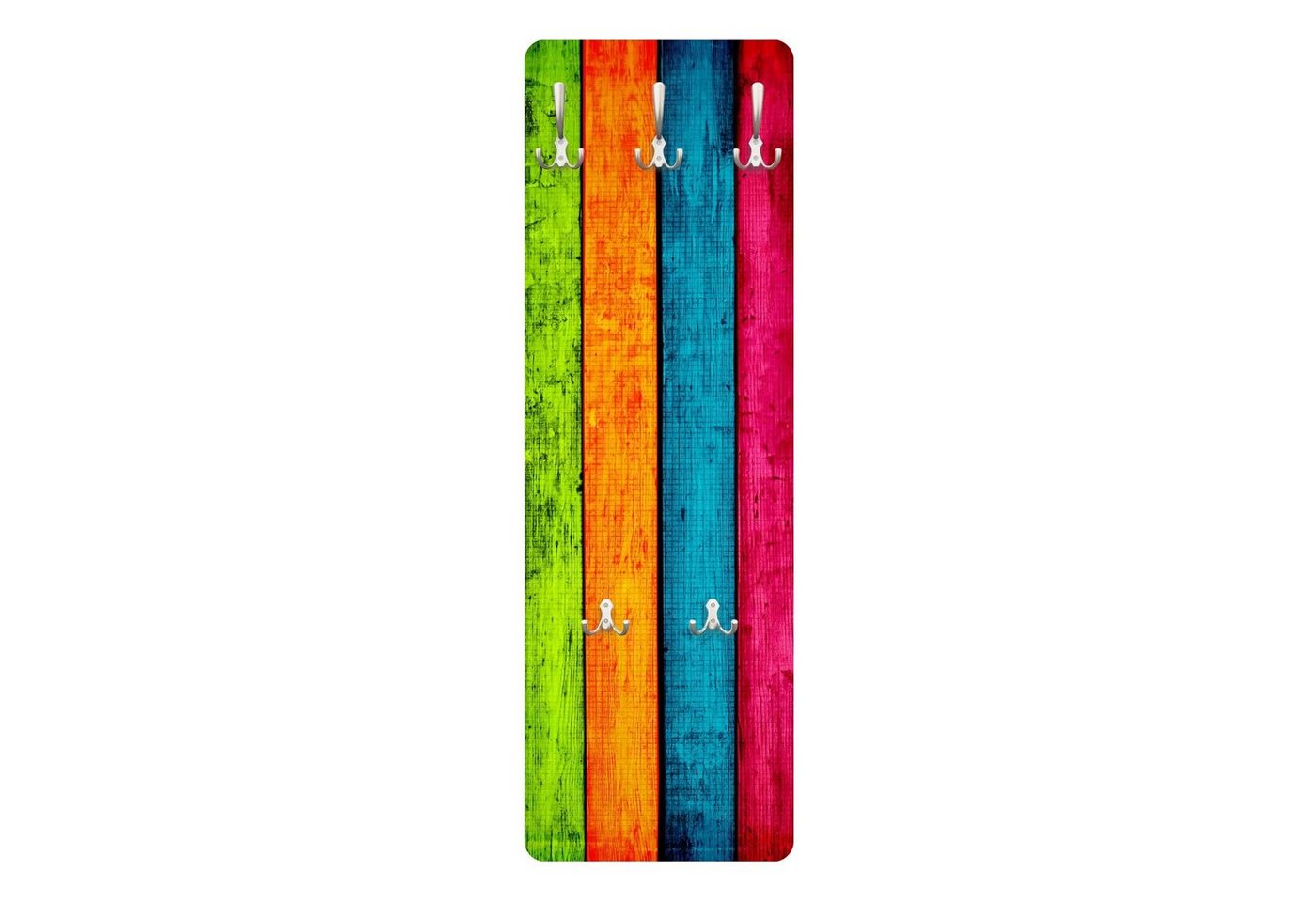 Bilderdepot24 Garderobenpaneel Design Holzoptik Bretteroptik Colourful Palisade (ausgefallenes Flur Wandpaneel mit Garderobenhaken Kleiderhaken hängend), moderne Wandgarderobe - Flurgarderobe im schmalen Hakenpaneel Design