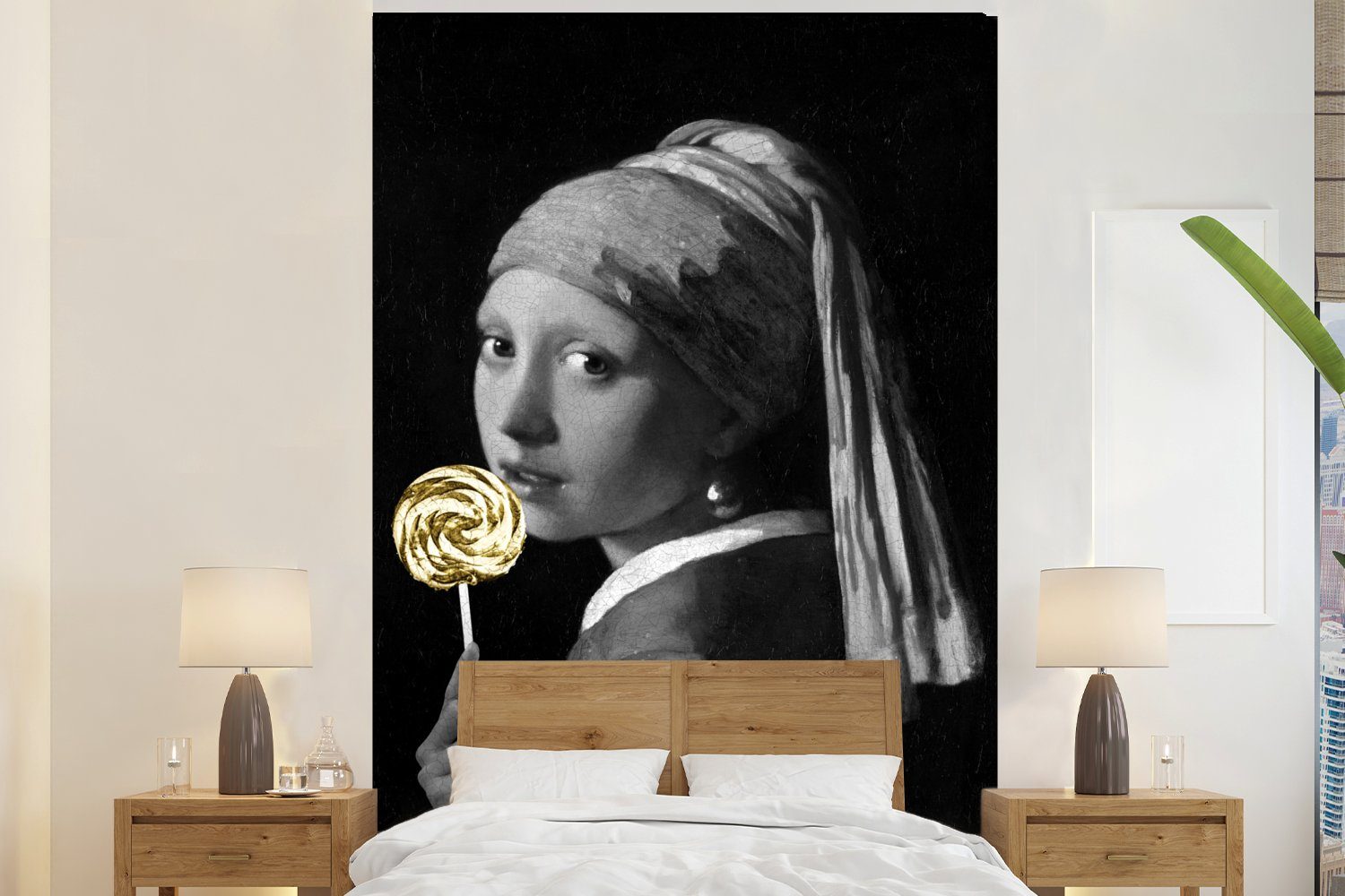 Lollipop Matt, MuchoWow einem Johannes für - - Wandtapete bedruckt, St), mit (3 Gold, - Wohnzimmer, Tapete Montagefertig Perlenohrring Mädchen Vermeer Vinyl Fototapete