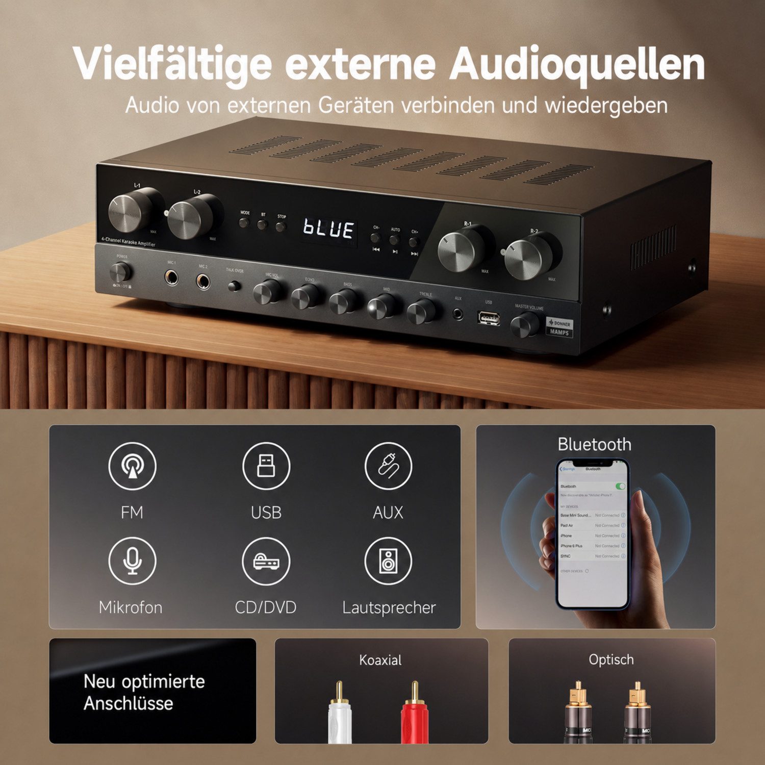 Donner Audioverstärker 2/4/6 Kanal Audio-Leistungsverstärker Stereoempfänger Verstärker (Anzahl Kanäle: 4, 440,00 W, 4 Kanäle, 2 Mikrofoneingänge, Bass, Höhen) – Bild 3 von 5