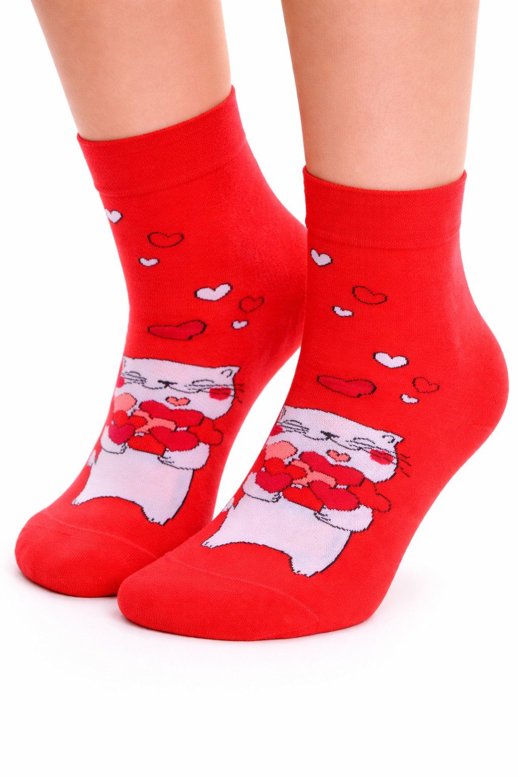 Martinex Socken 1 Paar Strümpfe socks in Rot mit Katzen und Herzen unisex (für Damen, Herren und Kinder, neutral) für Valentinstag, 35 36 37 38 39 40 41 42 43 44 45