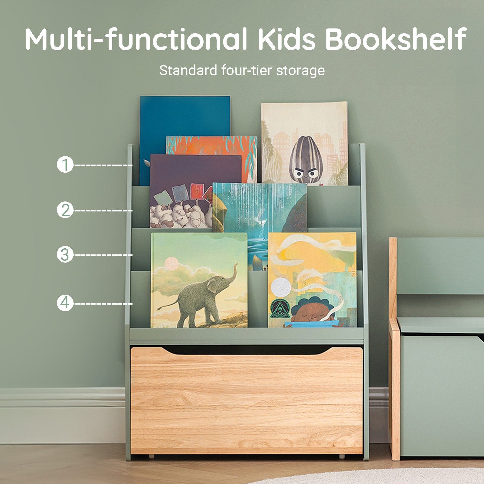 SoBuy Bücherregal KMB17, Kinderregal Aufbewahrungsregal, Kinderzimmer Möbel, mit 3/4 Ablagefächern und einer herausnehmbaren Spielzeugtruhe