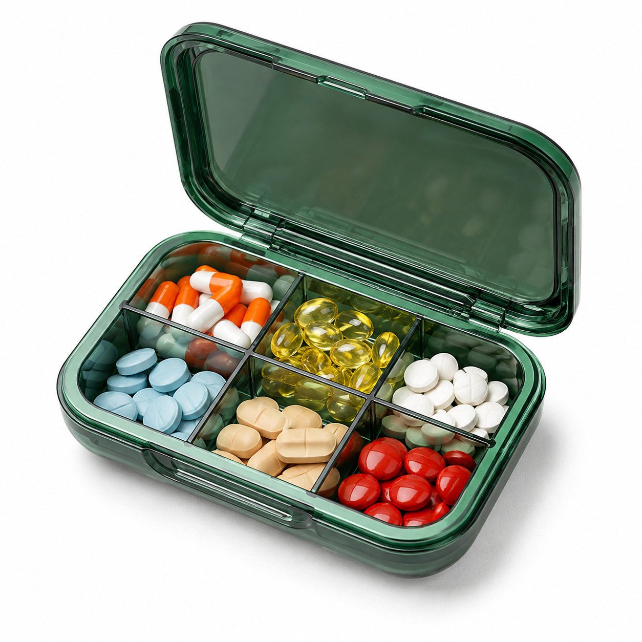 Fyrove Pillendose Tablettenbox mit 6 Fächern luftdicht kompakt für Reisen, BPA‑freie (Set, Luftdicht, feuchtigkeitsbeständig, platzsparend), 6 Fächer mit herausnehmbarem Trenneinsatz