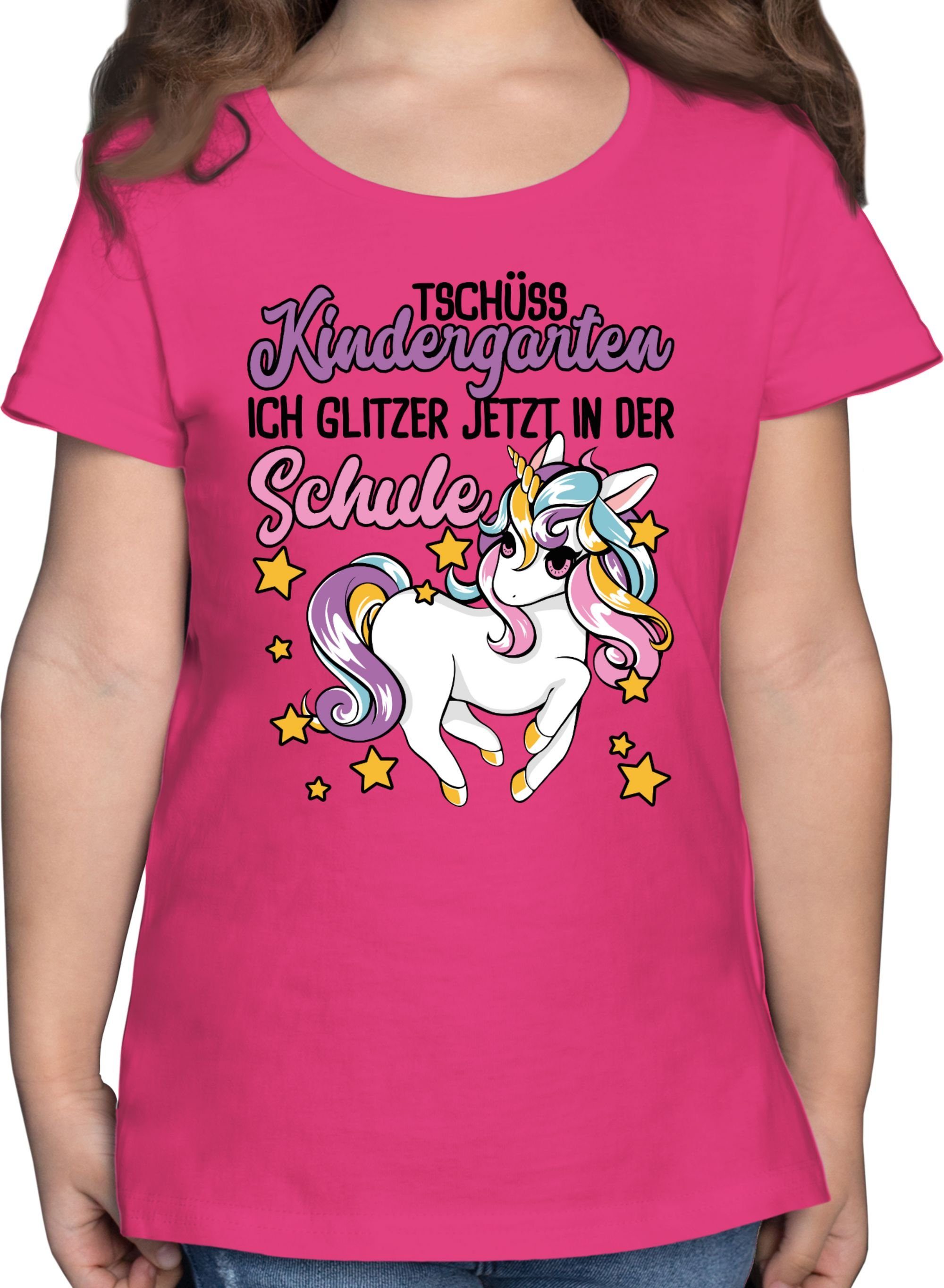 Shirtracer T-Shirt Tschüss Kindergarten Einhorn in jetzt 1 Fuchsia Schule Mädchen der Glitzer Einschulung 