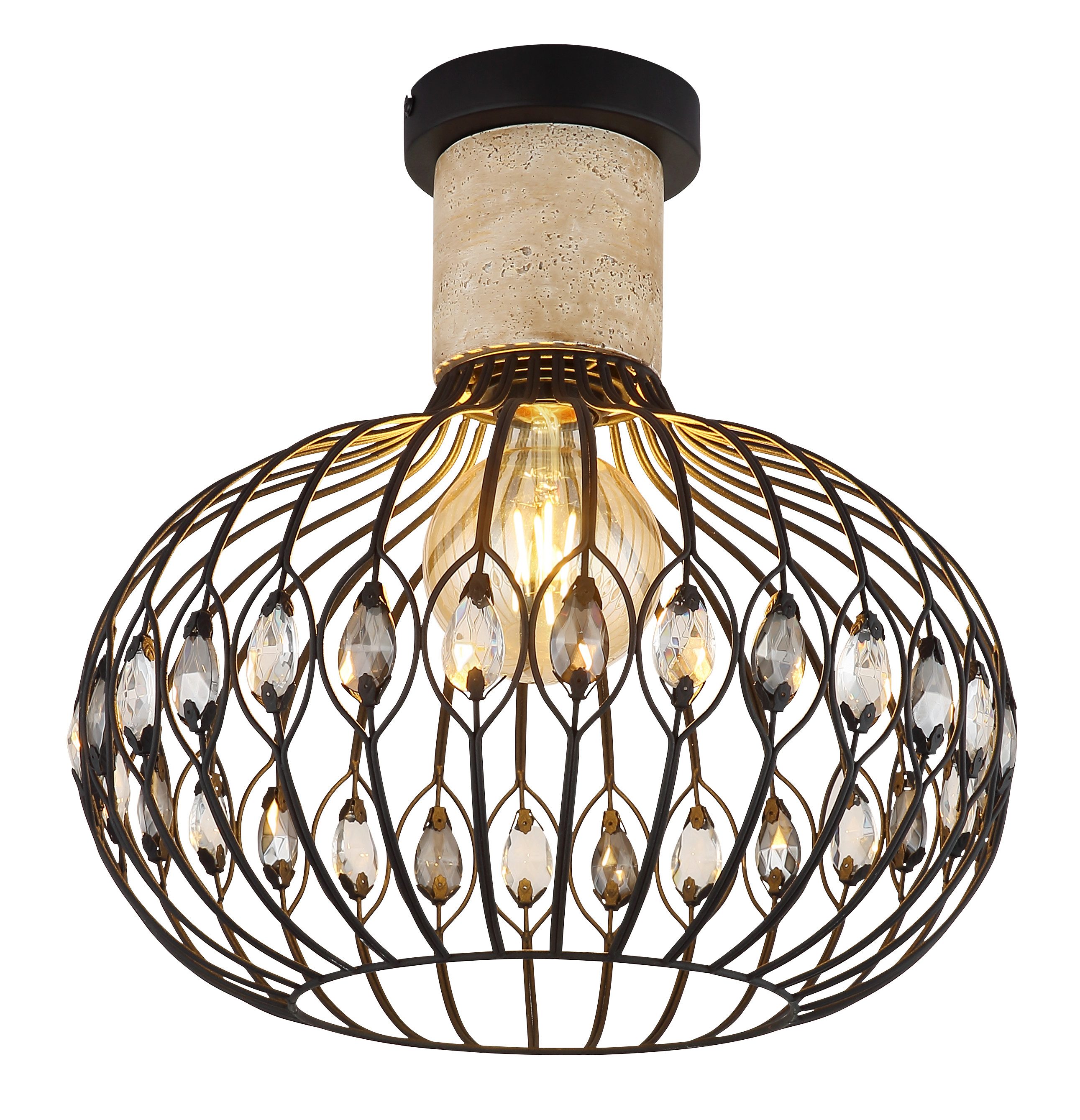 GLOBO LIGHTING Deckenleuchte DORTHY, Leuchtmittel wechselbar, Schwarze Deckenleuchte mit Travertine Stein und Kristallen