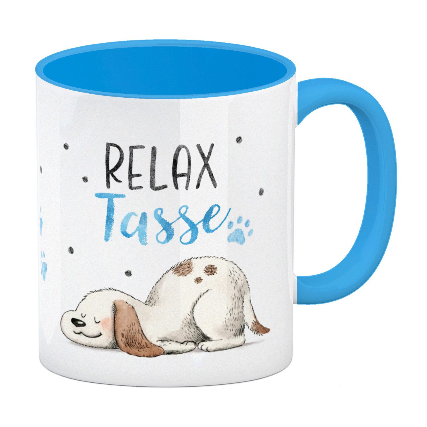 Tasse Relaxter Hund Kaffeebecher in hellblau mit Spruch Relax Tasse