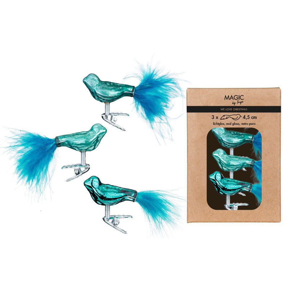 MAGIC by Inge Christbaumschmuck, Christbaumschmuck Vögel auf Clip 4,5cm Glas 3er Set - Dark Emerald