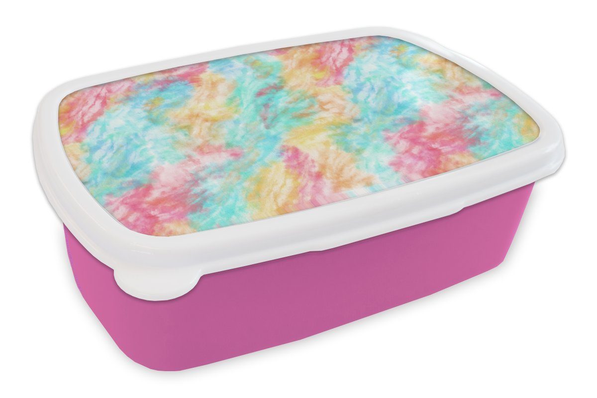 MuchoWow Lunchbox Textil - Krawattenfärbung - Muster, Kunststoff, (2-tlg), Brotbox für Erwachsene, Brotdose Kinder, Snackbox, Mädchen, Kunststoff rosa