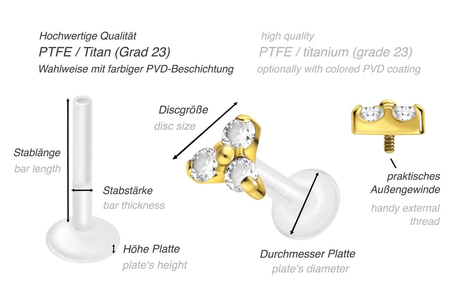 PIERCINGLINE Piercing-Set PTFE Labret mit Innengewinde + Titan-Aufsatz KRISTALLBLUME (Labrets, 1-tlg)