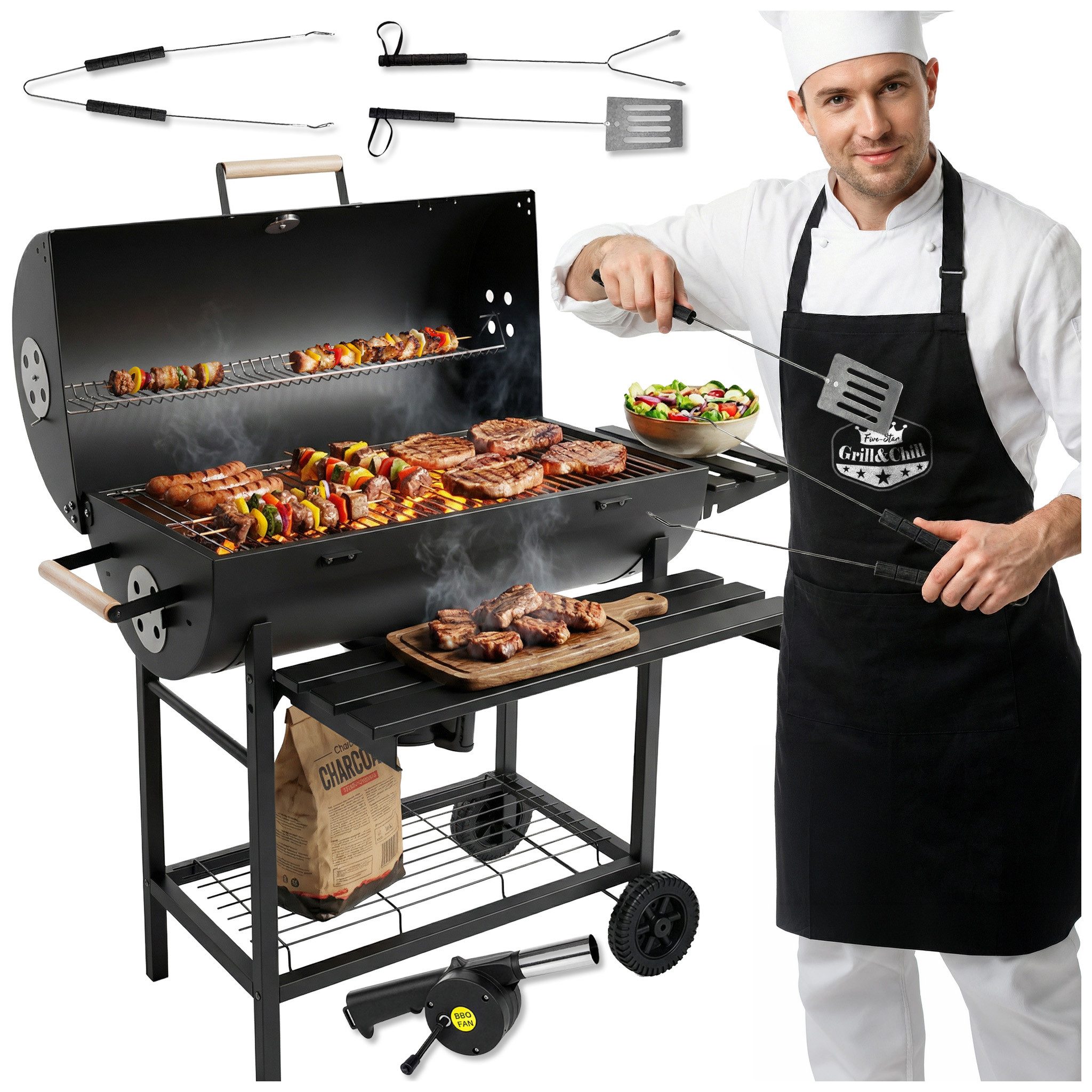 Five-Star Grill&Chill Holzkohlegrill Holzkohlegrill - Großer Grill Holzkohle 71×35 cm Chromrost, 115 × 36 × 90 cm (L x B x H)