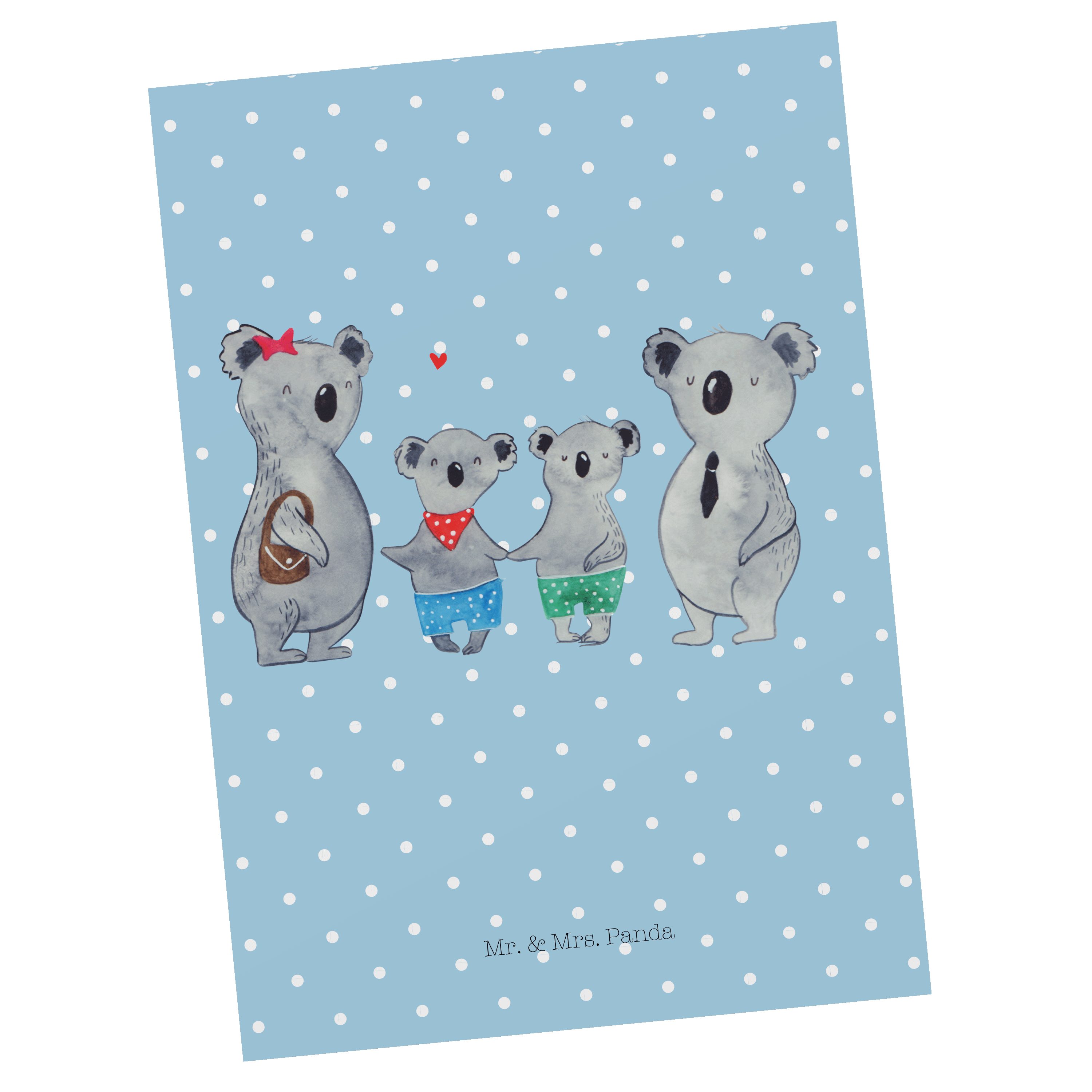 Mr. & Mrs. Panda Postkarte Koala Familie zwei - Blau Pastell - Geschenk, Schwester, Dankeskarte