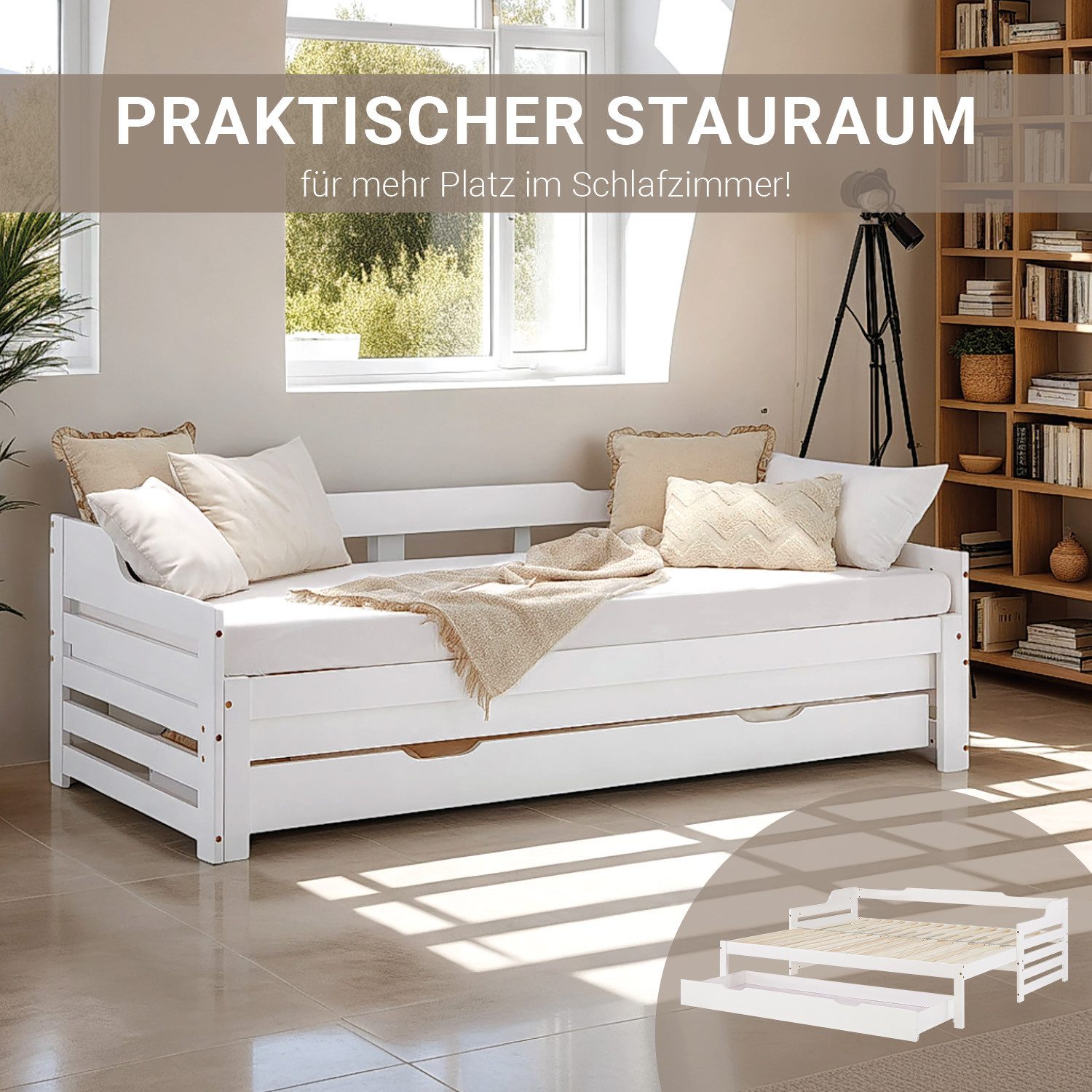 Homestyle4u Ausziehbett 90x200 Kinderbett Weiß 2 Liegeflächen Gästebett 2 Personen Holzbett (Set), mit Stauraum (Bettkasten/Schublade), ebene Liegefläche, ausziehbar
