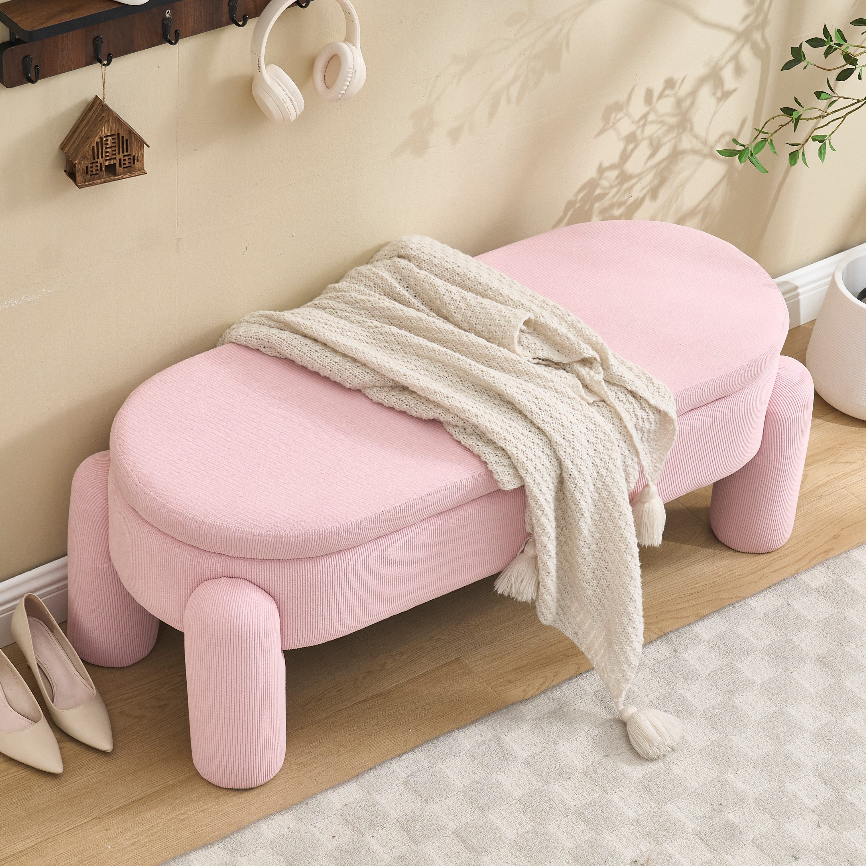 LVHOM Bettbank Großer Aufbewahrungs-/Schuhbank-Hocker, 104x36x15cm mit Stauraum (150kg Tragkraft, Cordstoff in 4 Naturtönen, Roboterfreundlich 34cm Bodenfreiheit, Atmungsaktiver Velours (rosé/beige/grau/schwarz), Montage in 15 Min, platzsparend verpackt), Organisier-Bank für Schlafzimmer & Flur