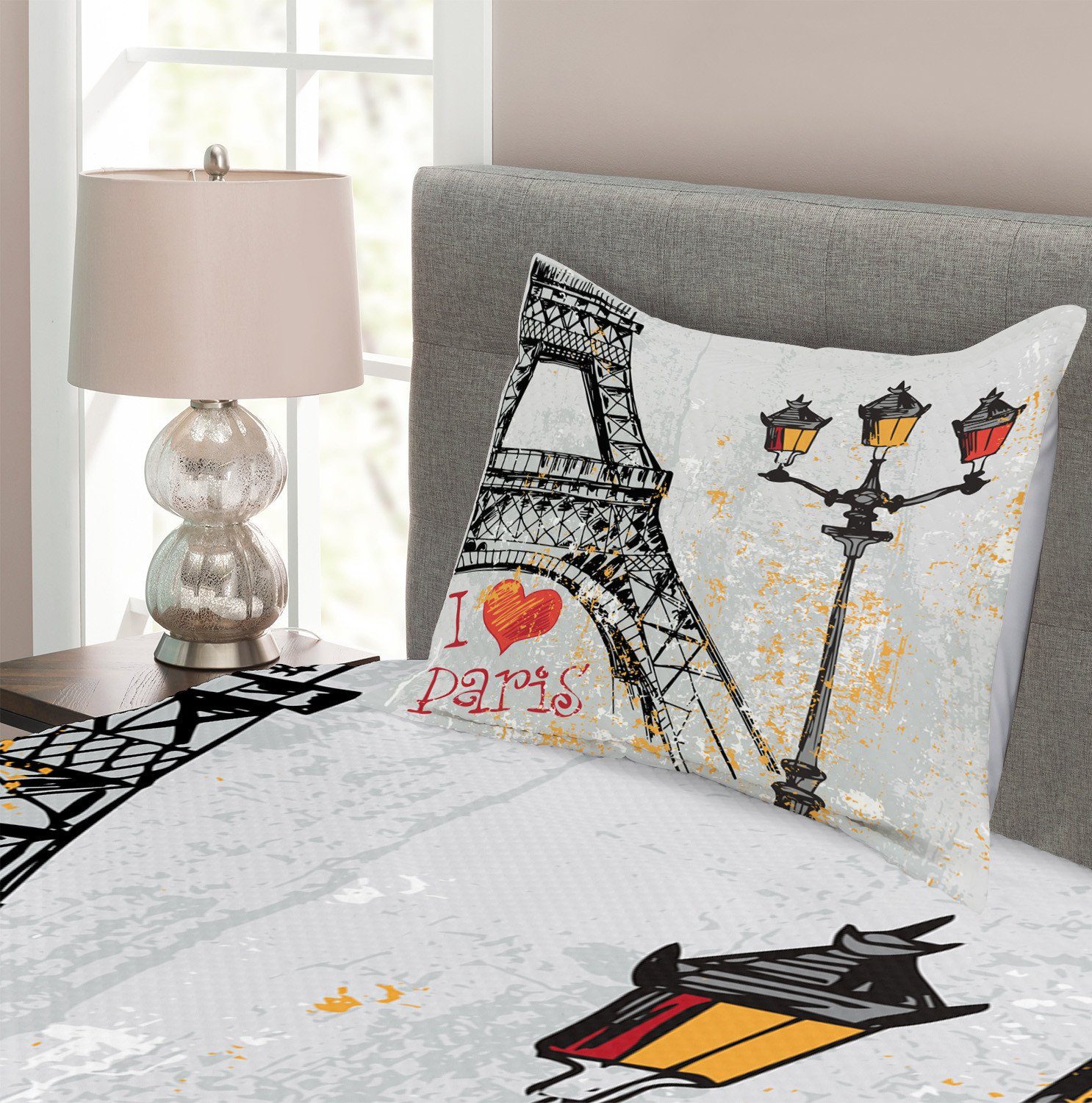 Tagesdecke Set Kissenbezügen Eiffel Waschbar, Europa Abakuhaus, mit Grunge Frankreich