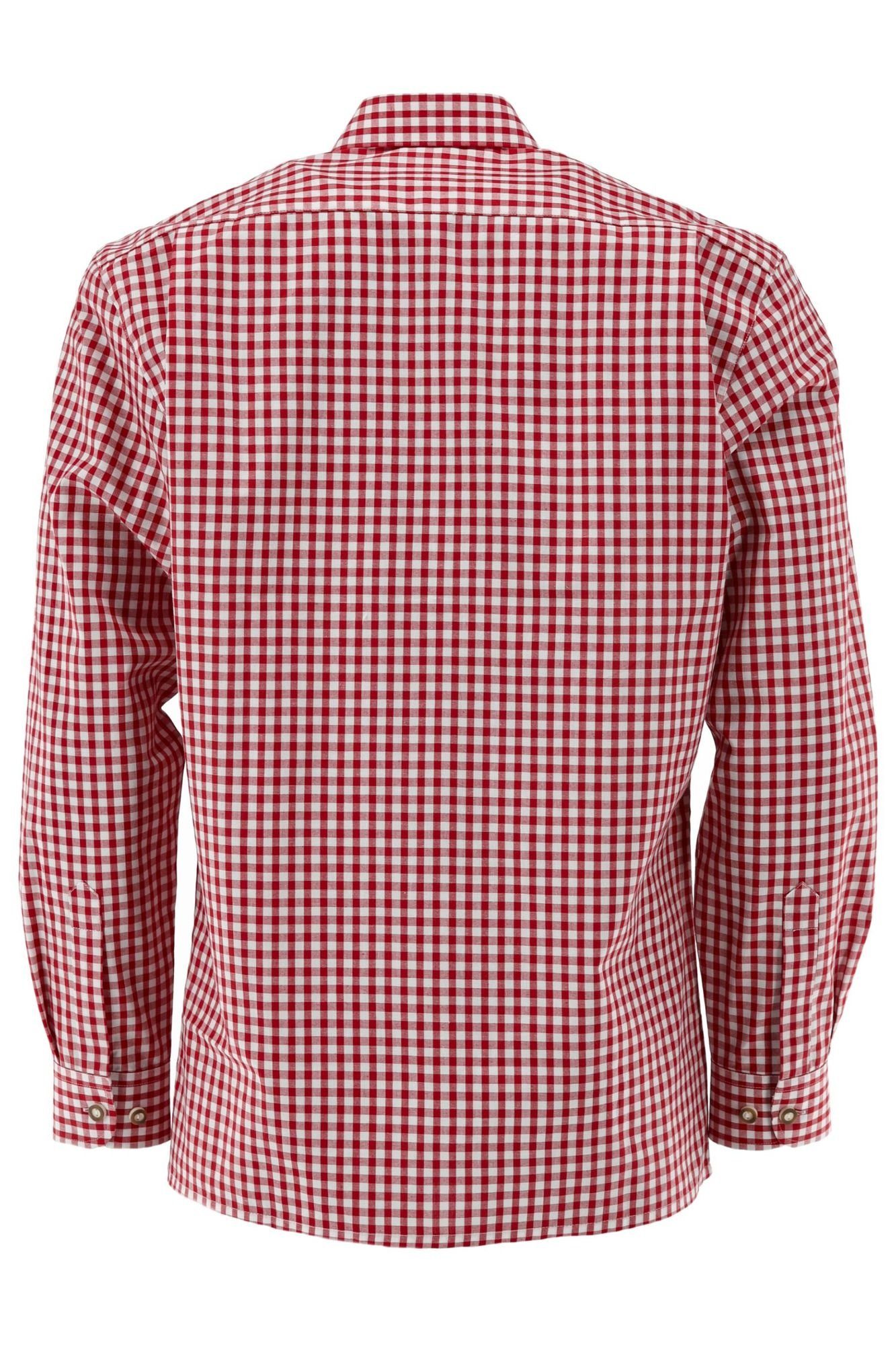 Trachtenhemd mittelrot mit Ukazui aufgesetzter Hirsch-Stickerei OS-Trachten mit Langarmhemd Brusttasche