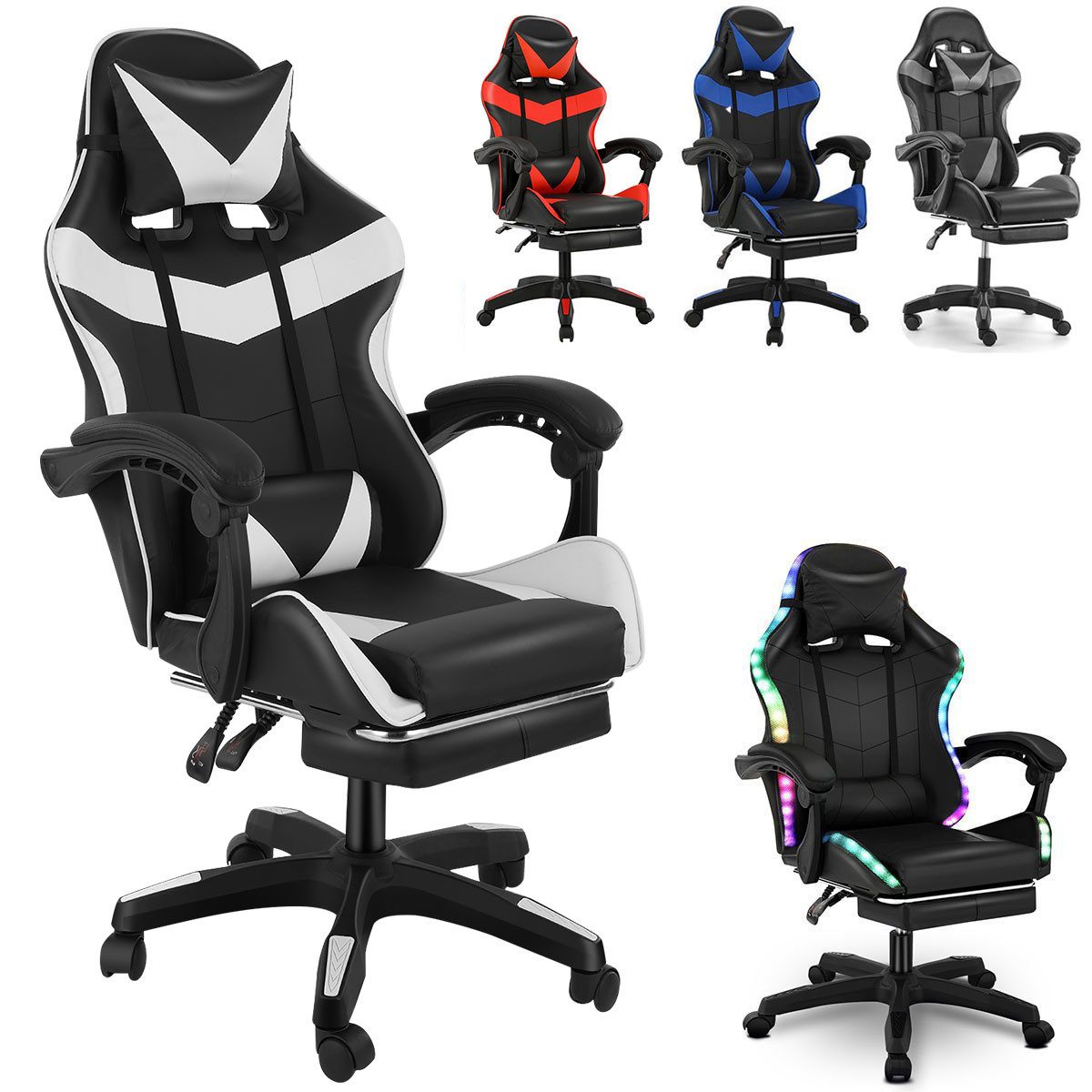 oyajia Gaming Chair Gaming Stuhl Bürostuhl Ergonomisch mit Kopfkisse, Massage Lendenkissen, Verstellbare Rückenlehne mit Fußstütze,Gaming Stuhl 130kg Belastbarket