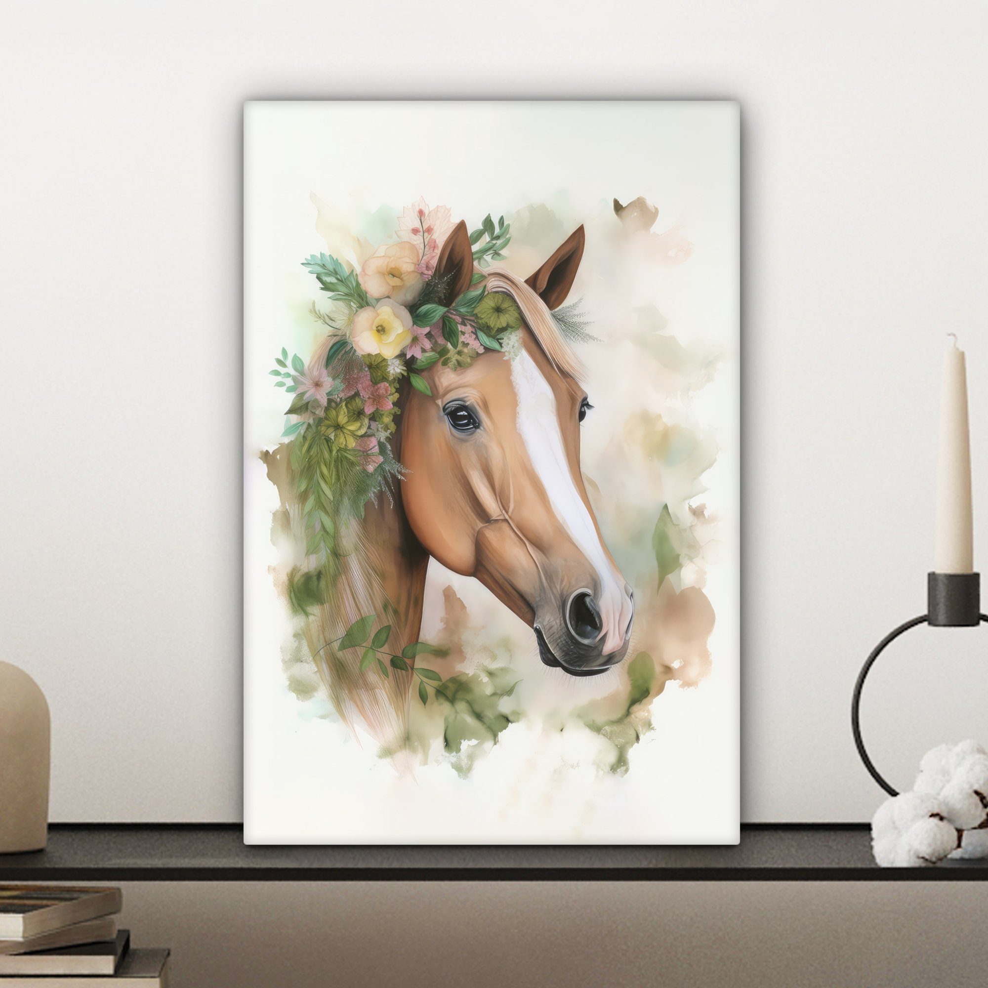 - - Aquarell 20x30 Leinwandbild Pferd (1 bespannt - - Gemälde, St), OneMillionCanvasses® Zackenaufhänger, inkl. Natur fertig Blumen Tiere, Leinwandbild cm