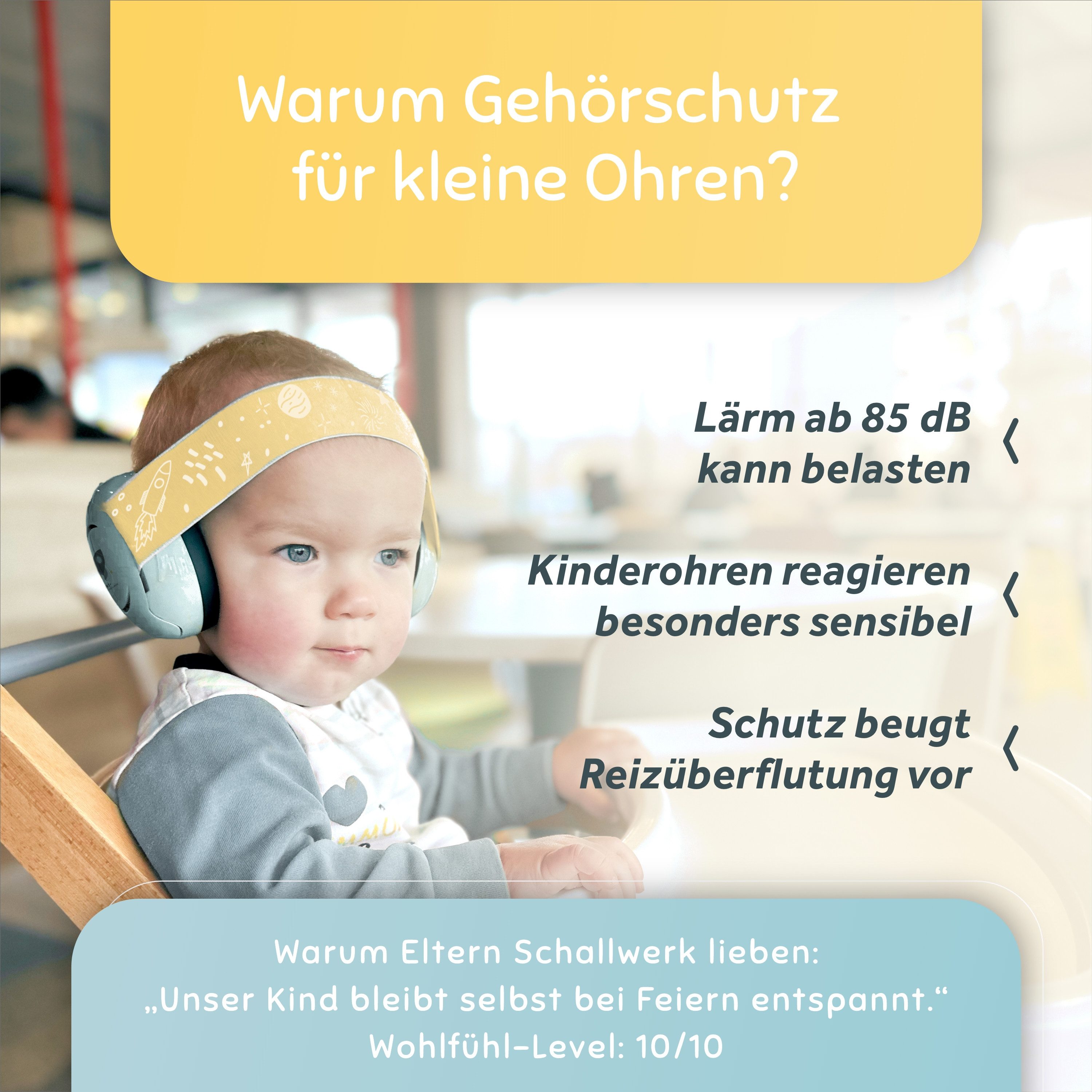 Schallwerk Kapselgehörschutz Mini+ Ohrenschützer für Kleinkinder - Gehörschutz Baby, (Kopfhörer Babys & Kleinkinder, Ohrenschutz für Babys mit verstellbaren Band), bis zu 52cm Kopfumfang