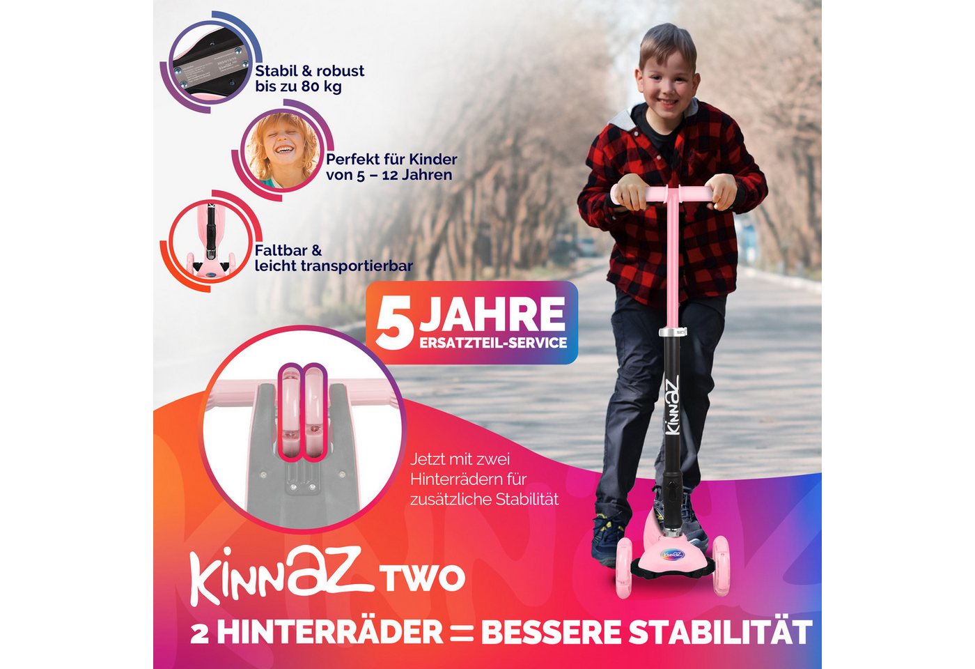 Thumbnail - KINNAZ Dreiradscooter Kinderroller ab 5 Jahre, faltbar, Höhe einstellen, LED Räder, Garantie, (Kinderroller, Kinnaz Two)...
