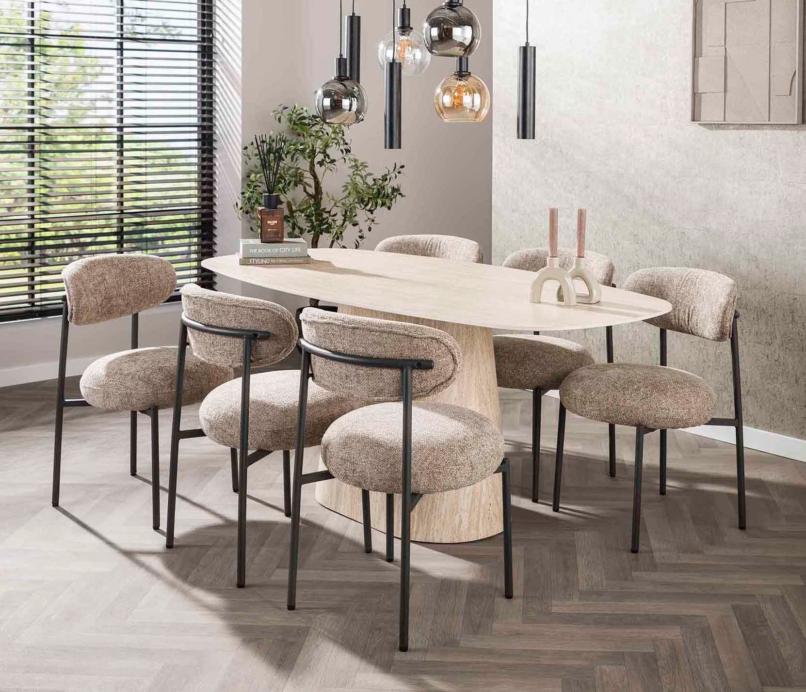 LEVEN Lifestyle Esstisch Ovaler Esstisch TRAVENTO Travertinoptik 180 cm Keramik, Keramik-Tischplatte in Travertinoptik