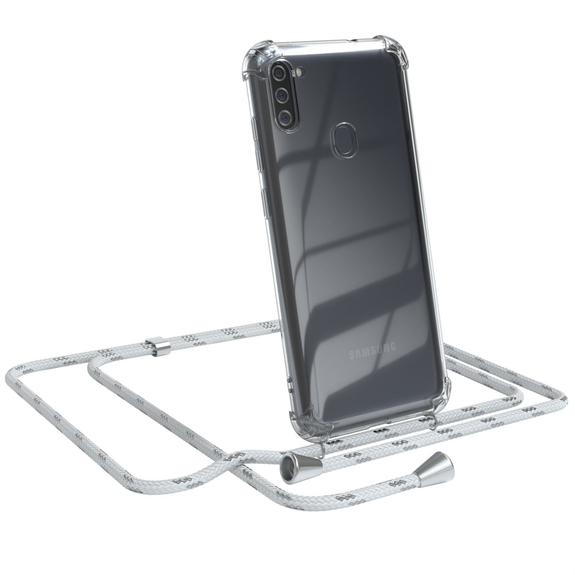 EAZY CASE Handykette Hülle mit Kette für Samsung Galaxy M11 6,4 Zoll,  Umhängetasche für Handy Silikonhülle Handyhülle durchsichtig Violett