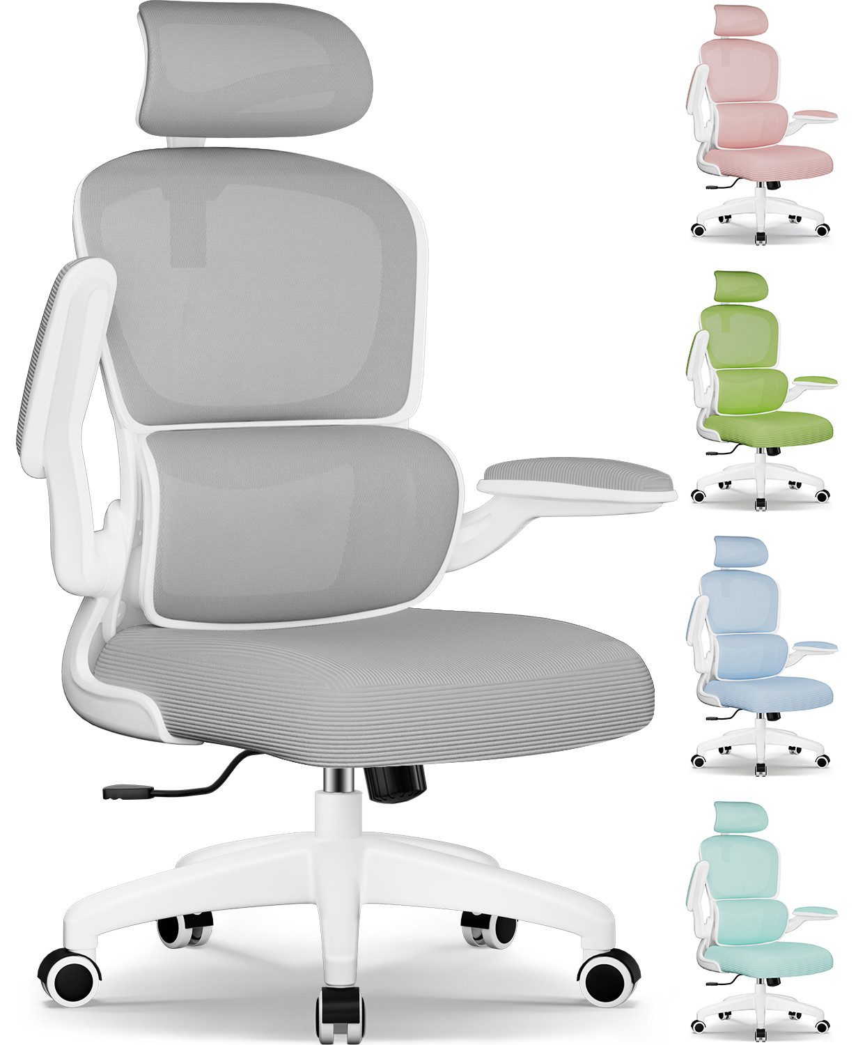 Homimaster Bürostuhl Bürostuhl, Schreibtischstuhl Ergonomisch mit Klappbaren Armlehnen (Bürostuhl mit Verstellbarer Kopfstütze, 90° Klappbare Armlehnen und Lendenwirbelstütze, Höhenverstellbarer Для шефа aus Mesh), Bürostuhl mit maximaler Neigung von 135°, bis 150 kg belastbar