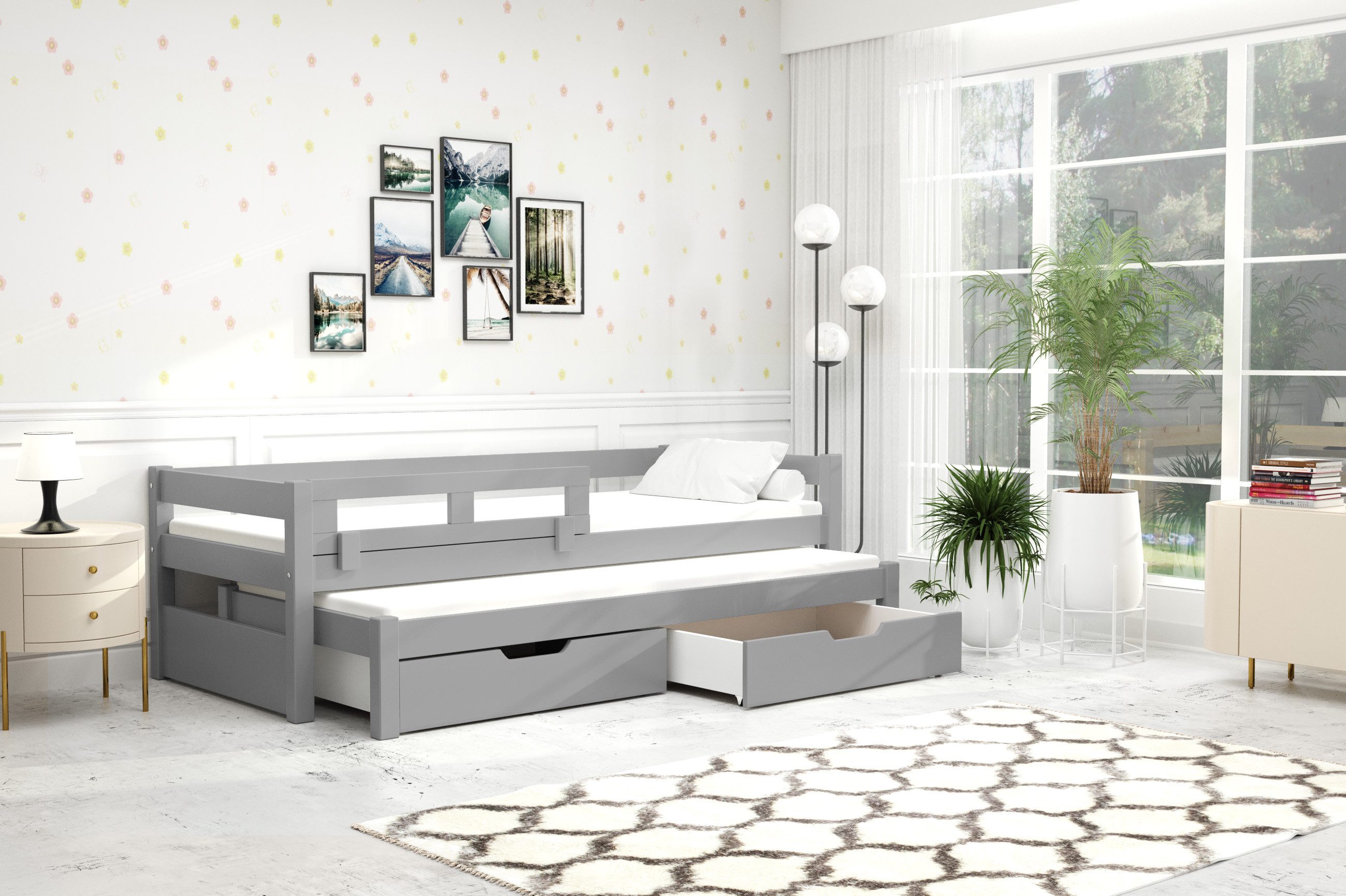 Kinderbett mit Rausfallschutz und Ausziehbett und 2 Schubladen für Kinder