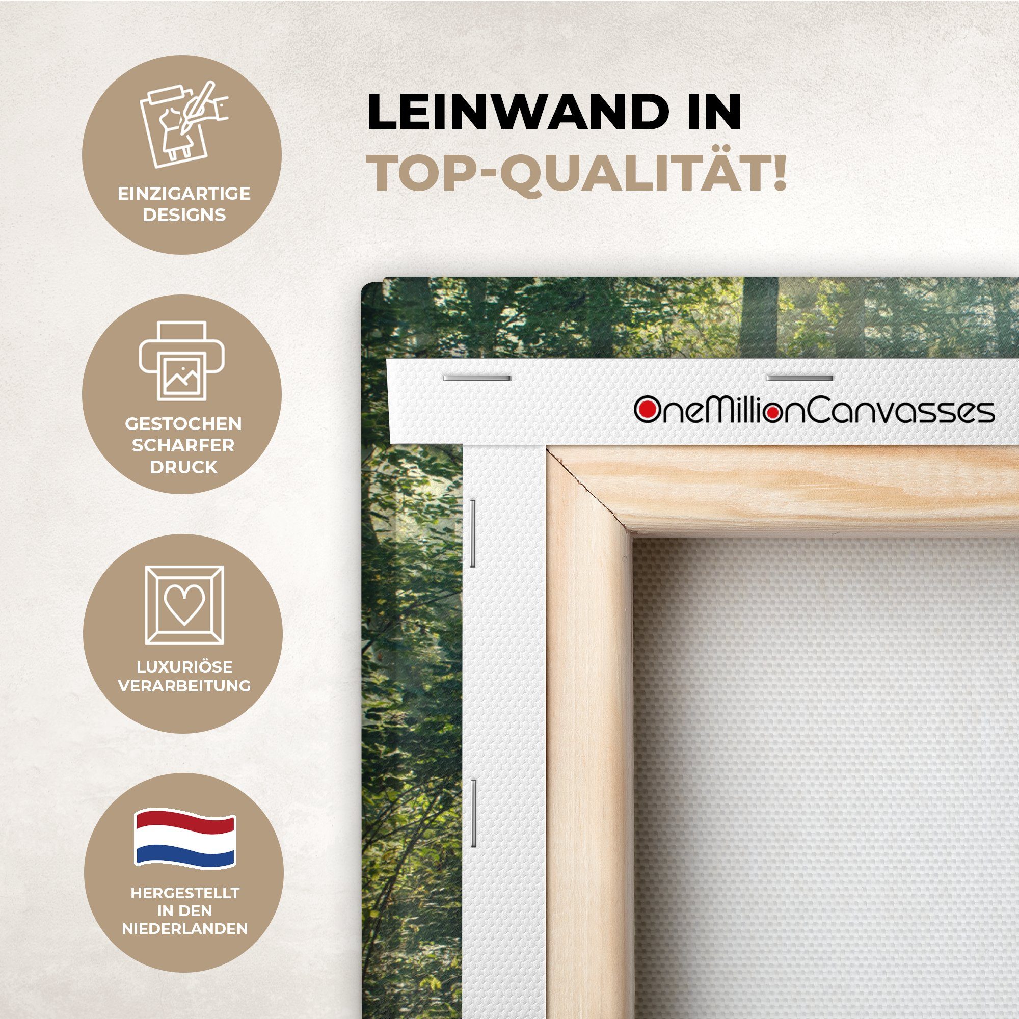 OneMillionCanvasses® Leinwandbild Wald - Weg - Sonne - Bäume - Grün - Natur, Fotodruck (1 St), Leinwand Bilder Klein, Wand Dekoration Aesthetic 30x20 cm
