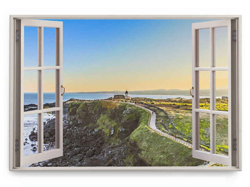 Sinus Art Leinwandbild Wandbild 120x80cm Fensterbild Irland Küste Meer Sonnenuntergang Grün N, (1 St)