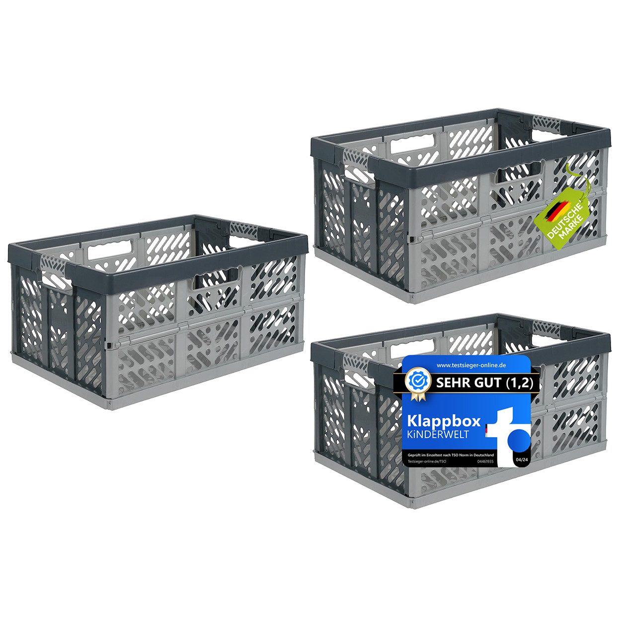 KiNDERWELT Klappbox 3 x Profi - Klappbox TÜV Rheinland zert. 45 L bis 50 kg silber