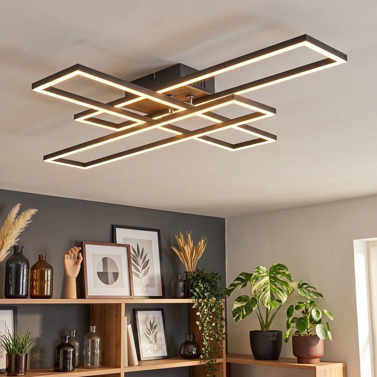 hofstein Deckenleuchte Deckenlampe aus Metall/MDF/Kunststoff in Schwarz/Holzfarben/Weiß, LED wechselbar, 3000 Kelvin, Leuchte im modernen Design mit verstellbaren Elementen, 1x LED 40 Watt