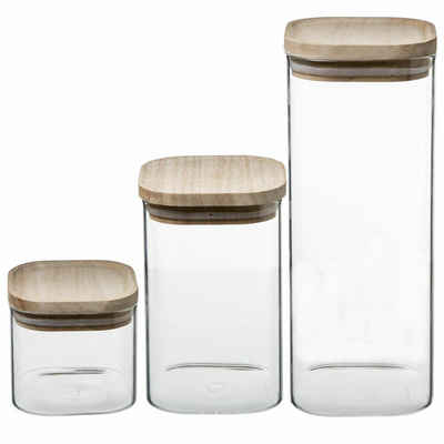 5five Simply Smart Vorratsglas Vorratsglas-Set 3-tlg., Borosilikatglas, Gummibaumholz, Silikon, (Set, 3-tlg), luftdicht verschließbar