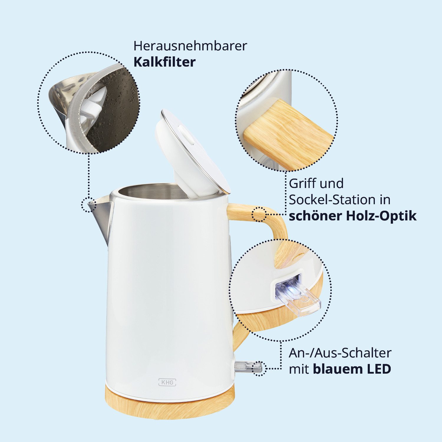 KHG Wasserkocher Wasserkocher WK-1716 WWD in weiß mit Holz aus Edelstahl, 1,7 Liter, 1.7 l