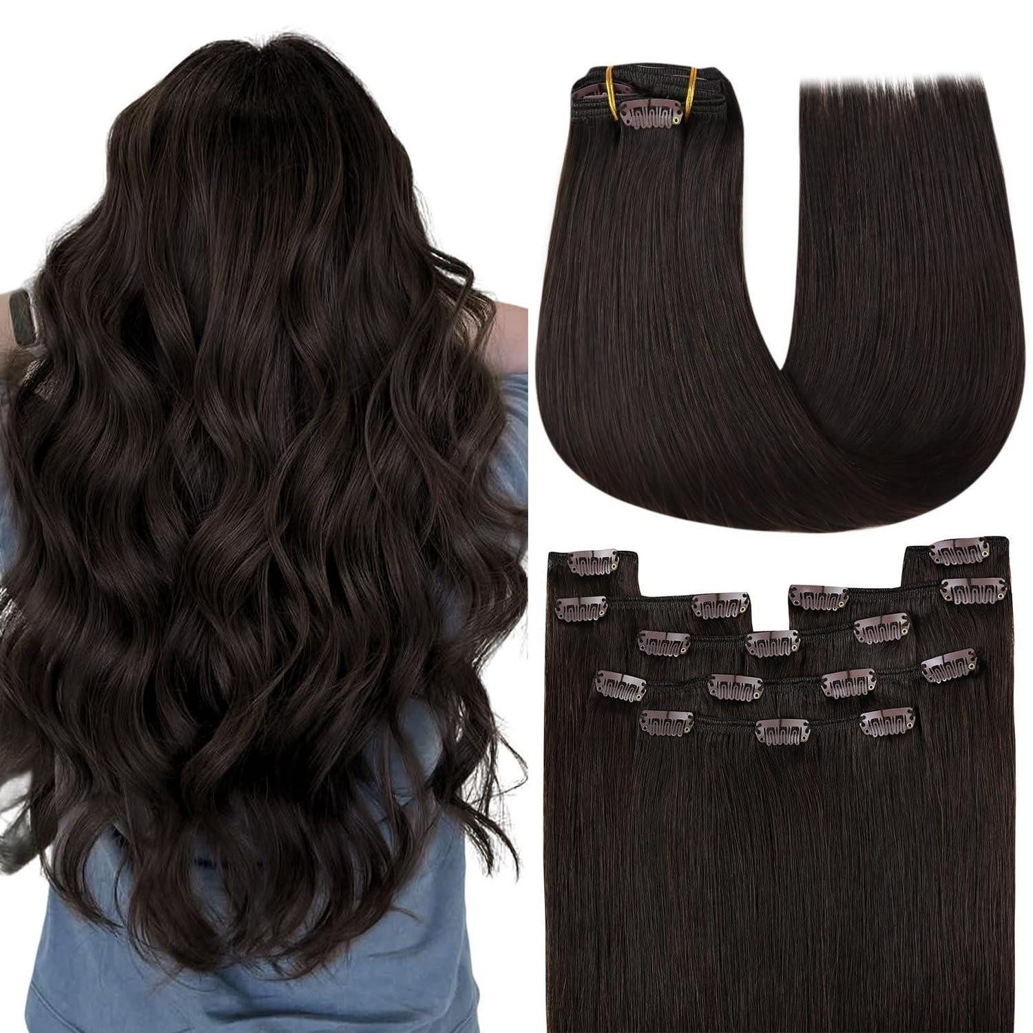 LuxusKollektion Echthaar-Extension Haarverlängerung Clip Echthaar Remy Dunkelbraun 1-Clip-2-#2 60 cm-120g