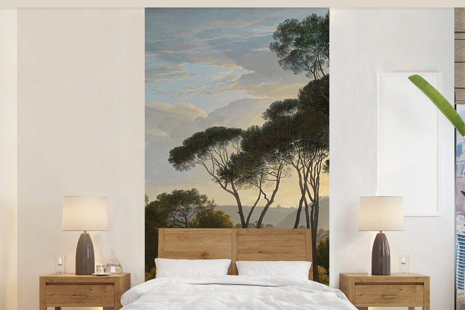 MuchoWow Fototapete Italienische Landschaft mit Zirbelkiefer - Gemälde von Hendrik Voogd, Matt, bedruckt, (2 St), Vliestapete für Wohnzimmer Schlafzimmer Küche, Fototapete