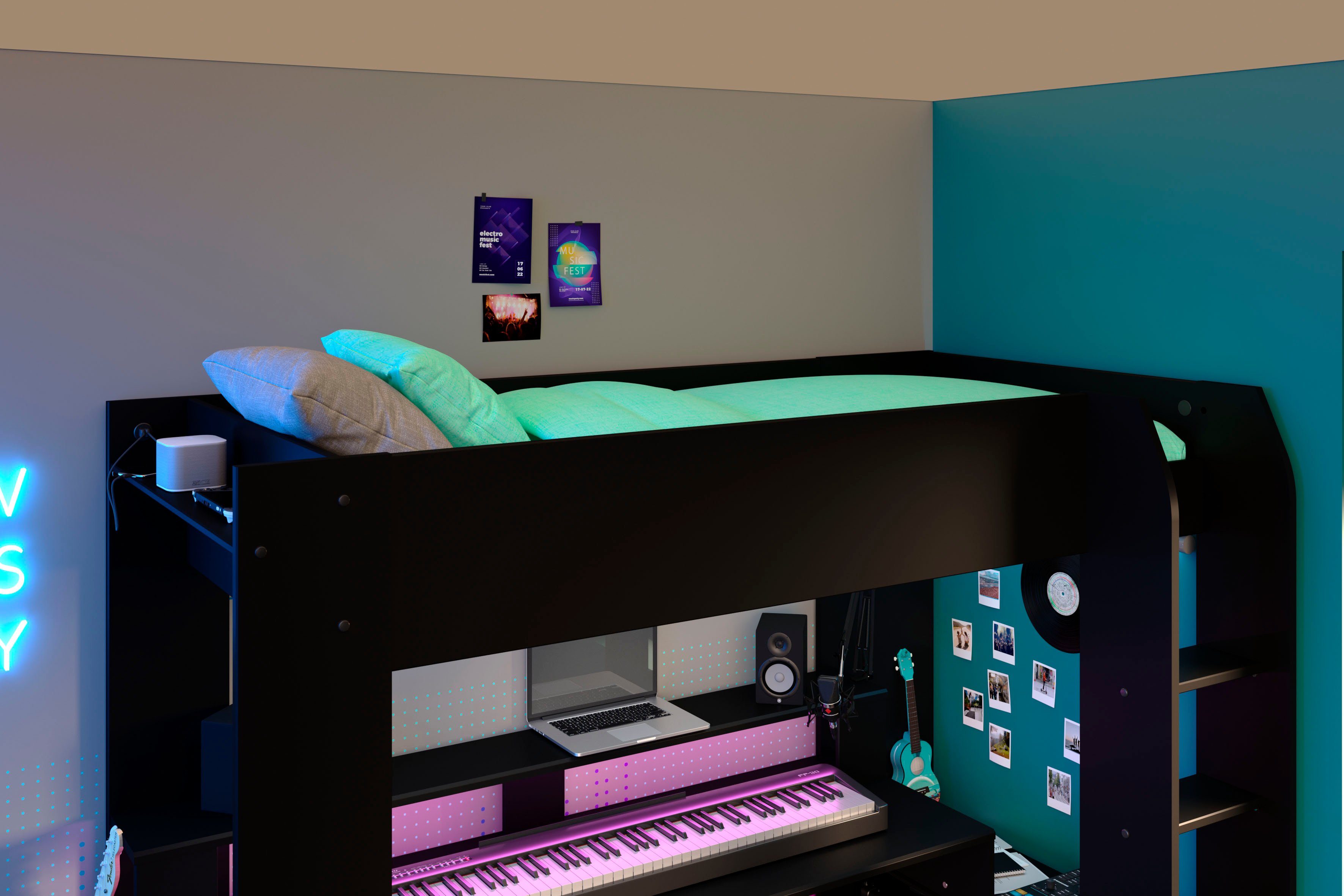 Gaming-Bett, LED, Parisot USB, mit Schreibtisch Hochbett Stauraum,