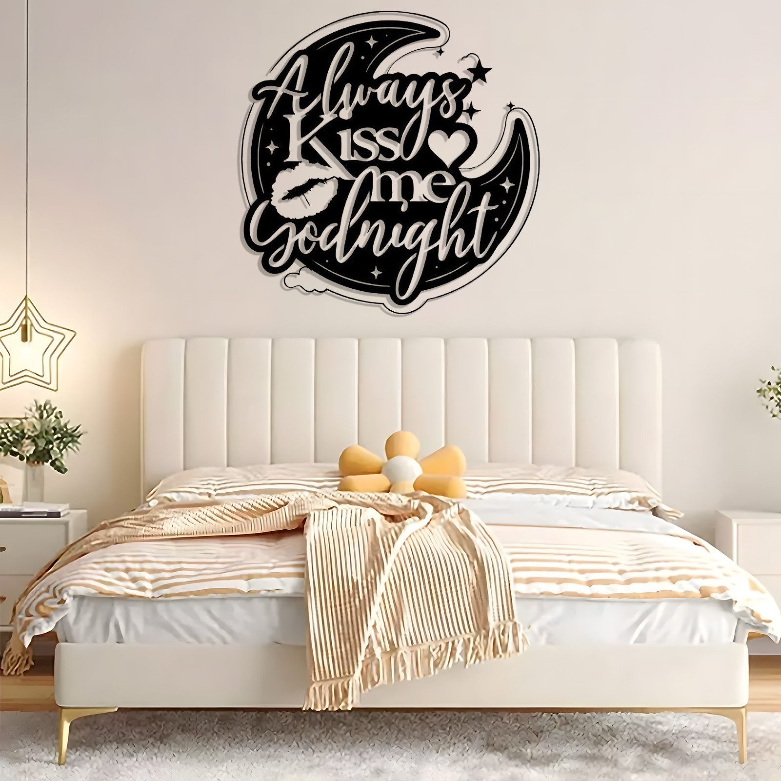 Jumpeak Wanddekoobjekt Wanddeko mit der Aufschrift „Kiss me“,Mond,Sternen, Herzen und Lippen, Metall,4 Farben,Liebe,Sternenhimmel,Romantischer, Schlafzimmer,53*53cm