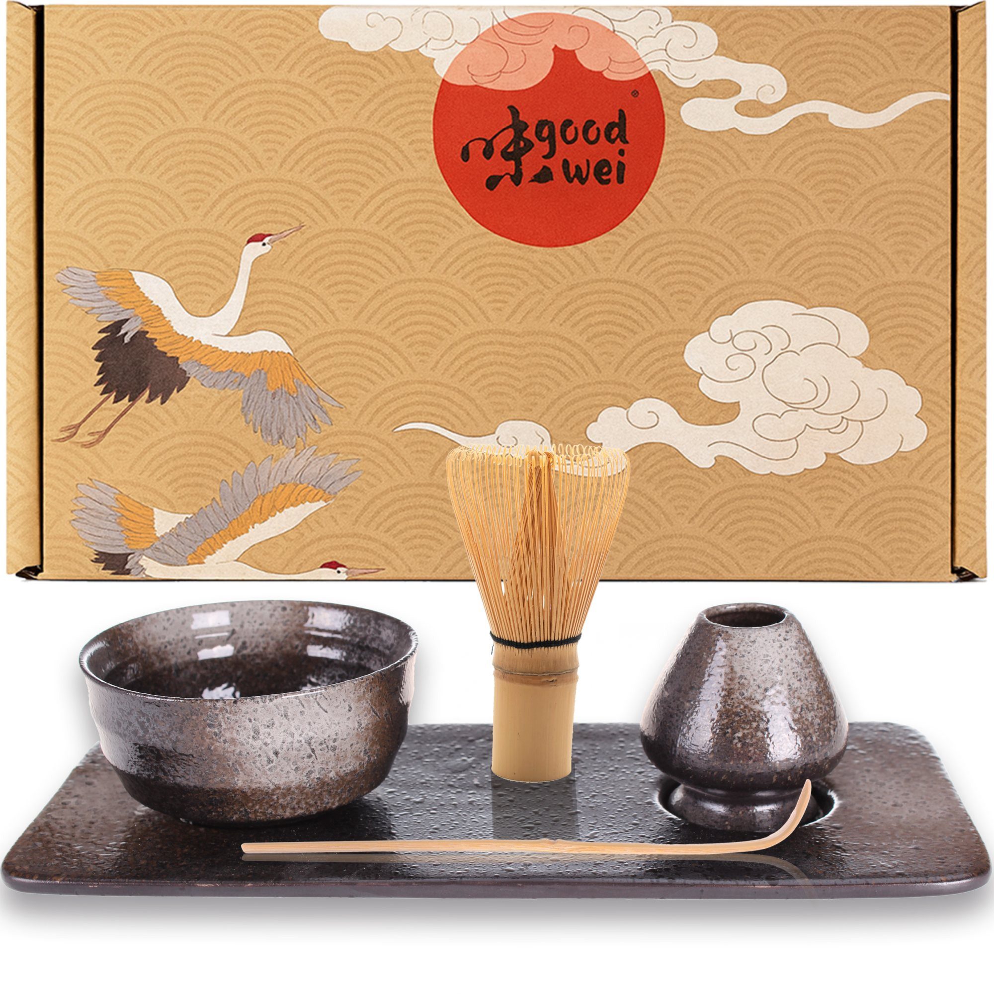 Goodwei Teeservice Matcha-Set "Goma" - Schale Chawan, 80er Matchabesen, Halter & Tablett (5-tlg), 1 Personen, Keramik, handgearbeitet