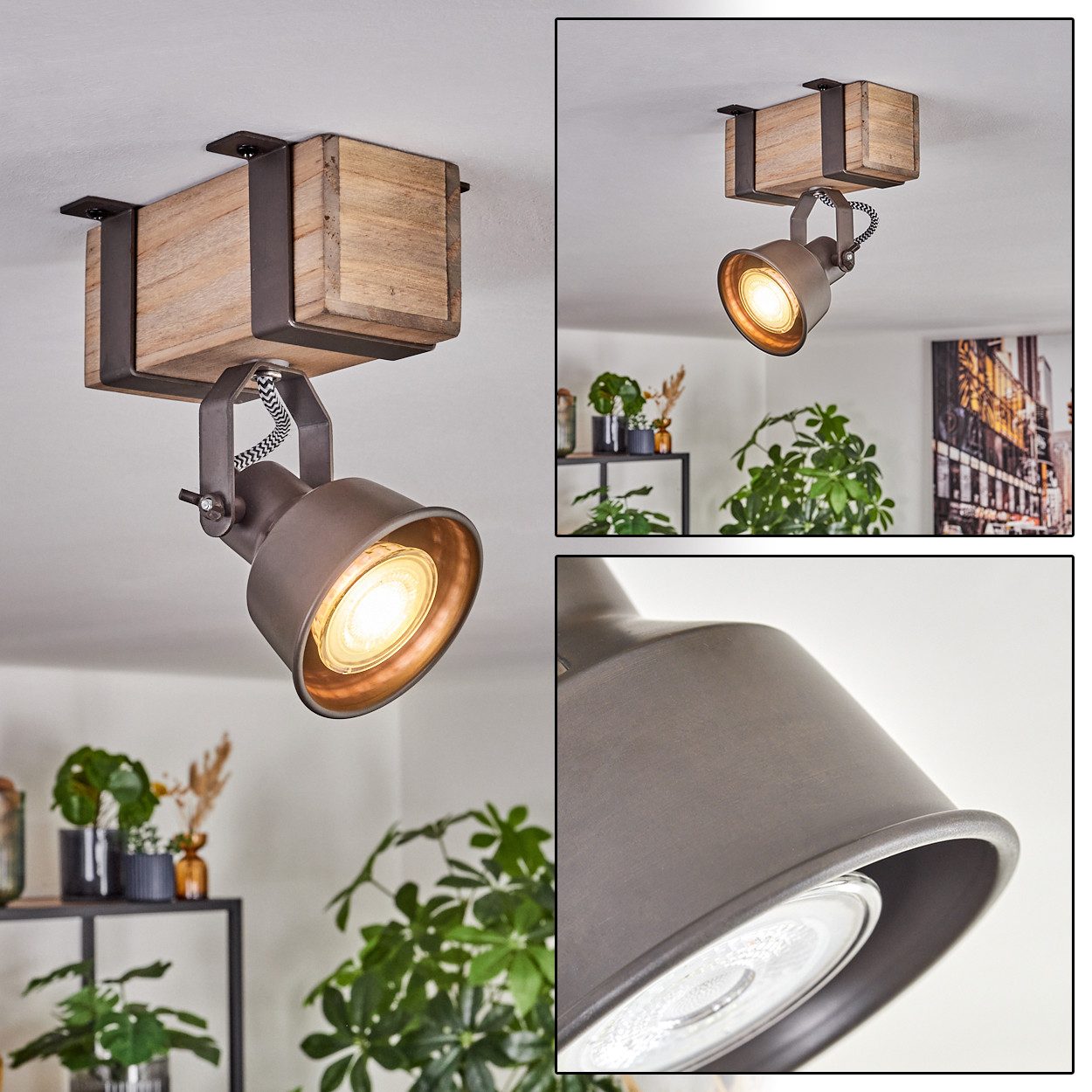 hofstein Deckenleuchte Deckenlampe verstellbar aus Metall/Holz in Grau/Naturfarben, ohne Leuchtmittel, Deckenleuchte im Industrial/Retro/Vintage-Design m. Holzbalken, 1xGU10
