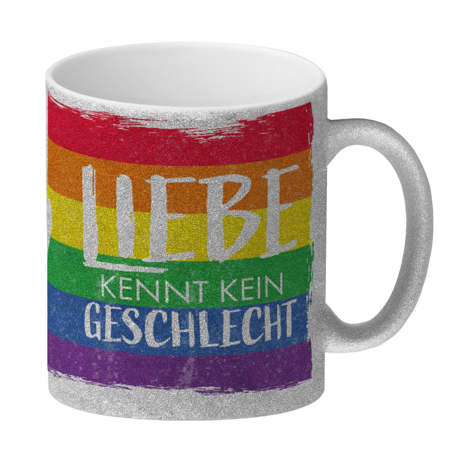 speecheese Tasse Liebe kennt kein Geschlecht GlitzerKaffeebecher mit