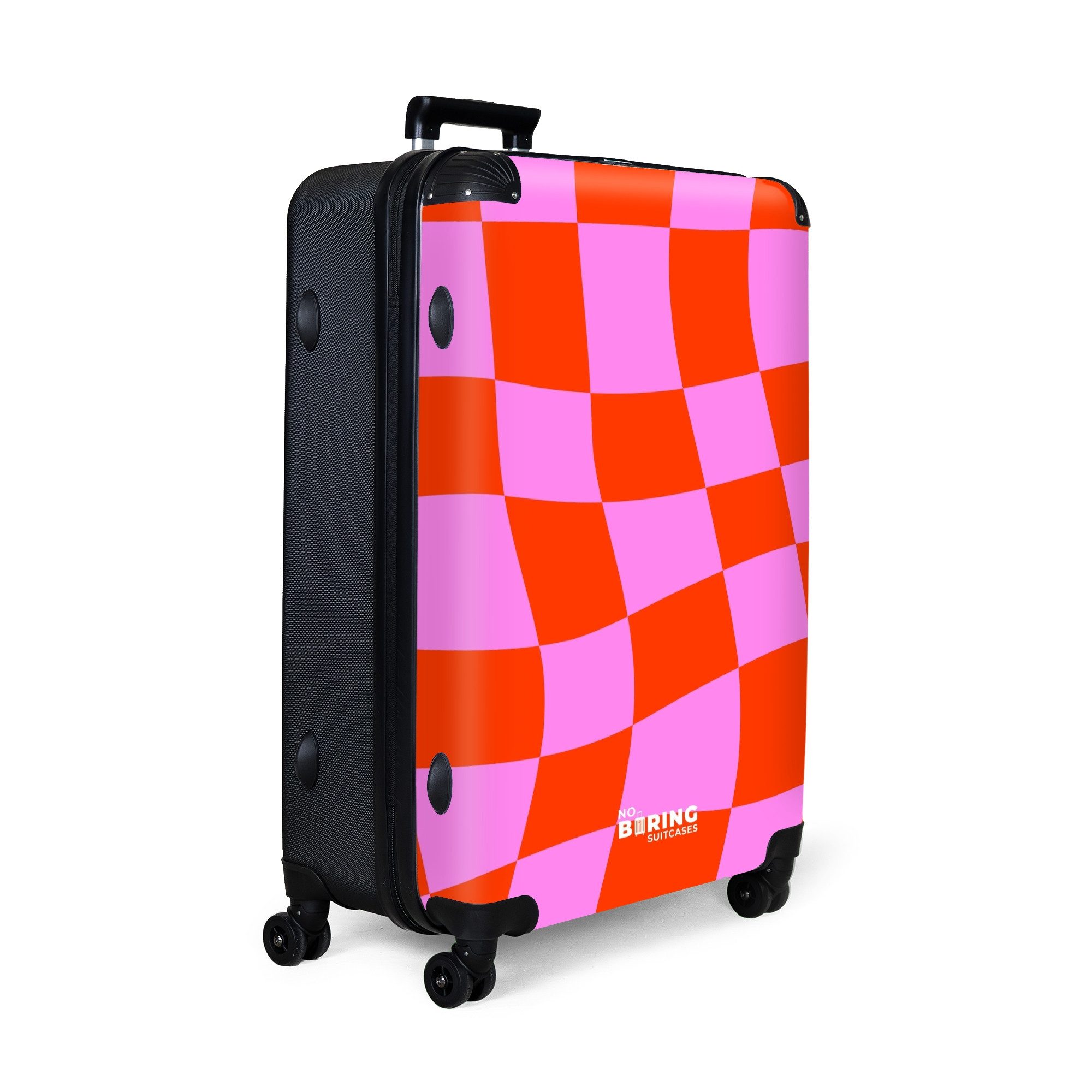 NoBoringSuitcases.com© Hartschalen-Trolley Gewelltes Schachbrettmuster in Rot und Rosa 77 cm - 98 L, 8 Rollen, Hartschalenkoffer Groß für 30kg, Frauen Reisekoffer Trolley