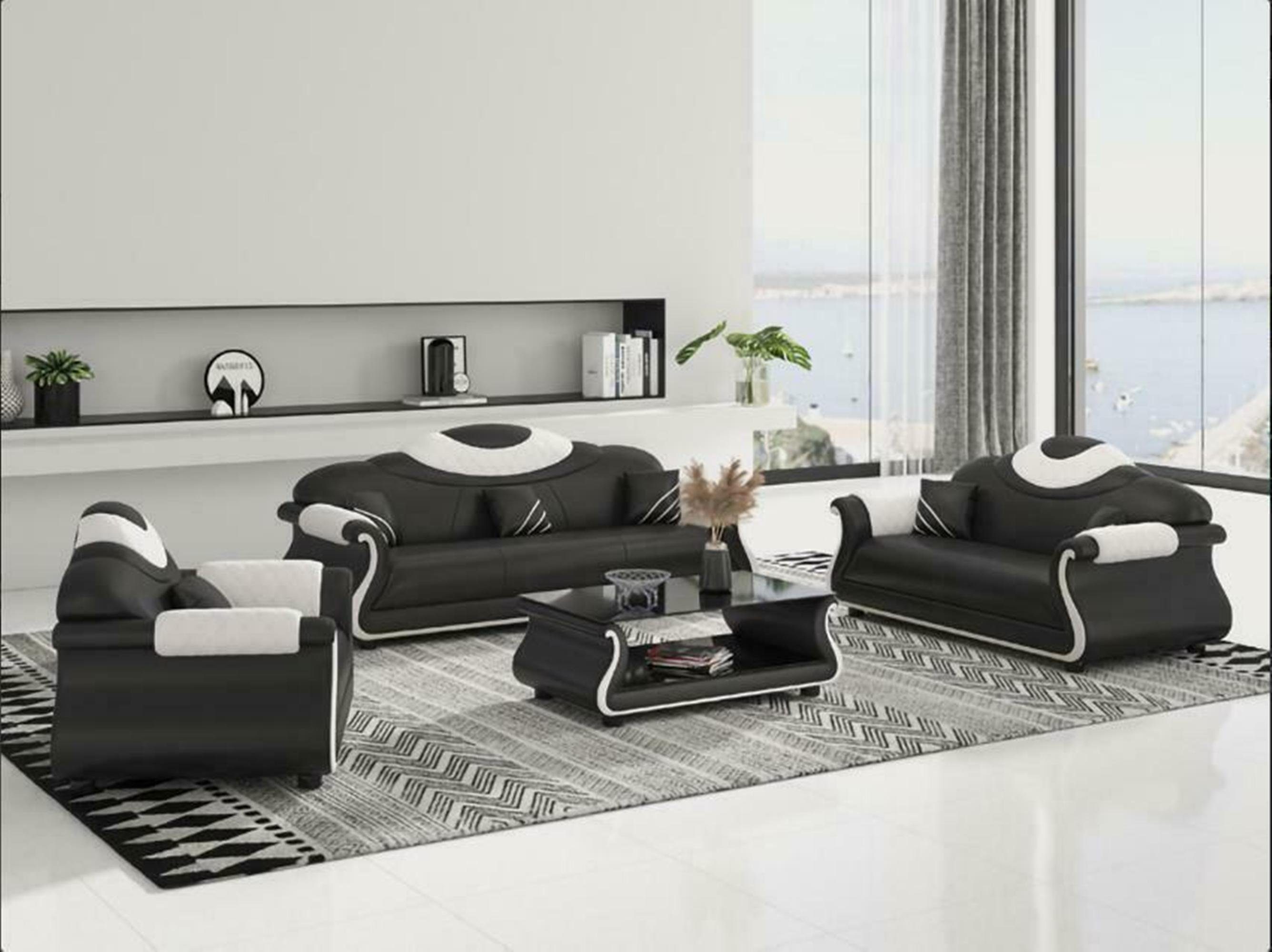 Couch Polster Sofa + neu Holz Sitzer 3+2+1 Möbel Couchtisch Luxus JVmoebel Schwarz/Weiß Wohnzimmer-Set